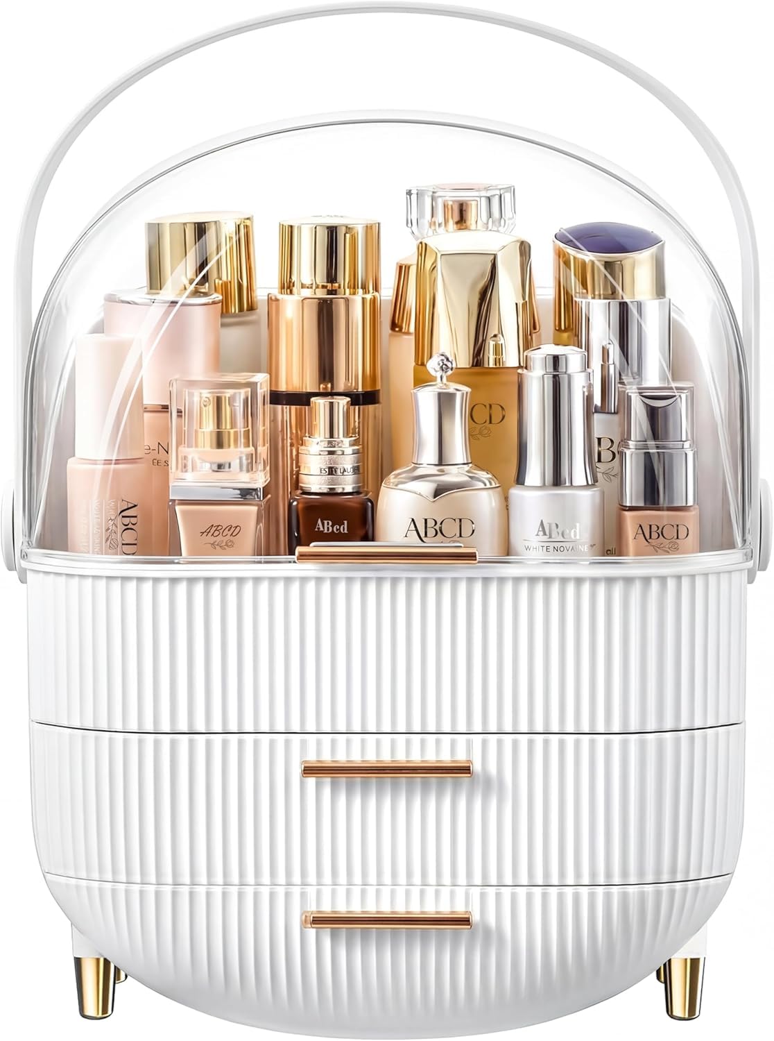Eslora Cosmetic Storage Box With Clear Dome Lid, White, Portable, Drawers For Skincare, Makeup, Jewellery, Vanity, 30X20X34 Cm
