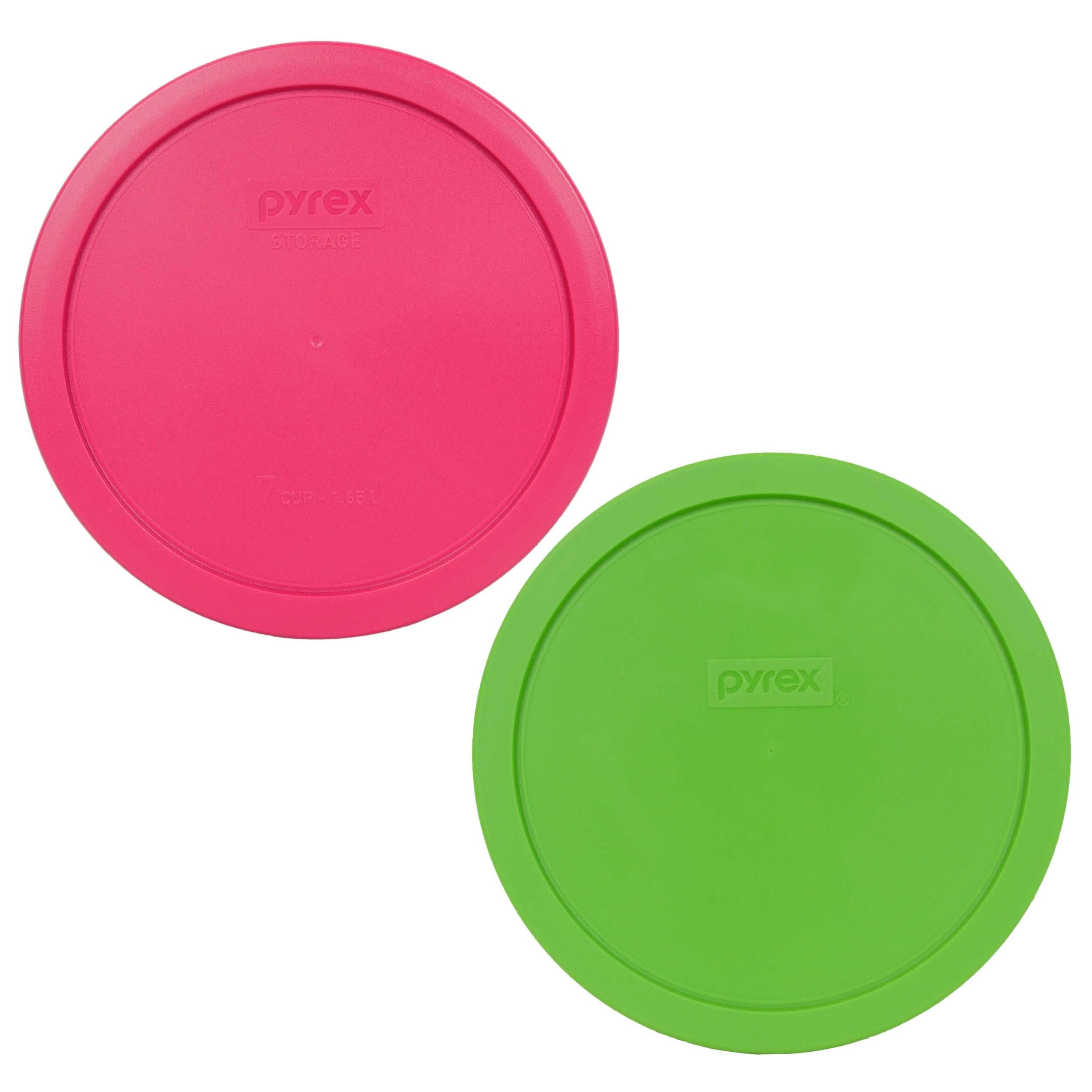 Pyrex 7402-Pc 6/7 Cup (1) Green & (1) Fuchsia Pink Round Plastic Storage Lid, Made In Usa