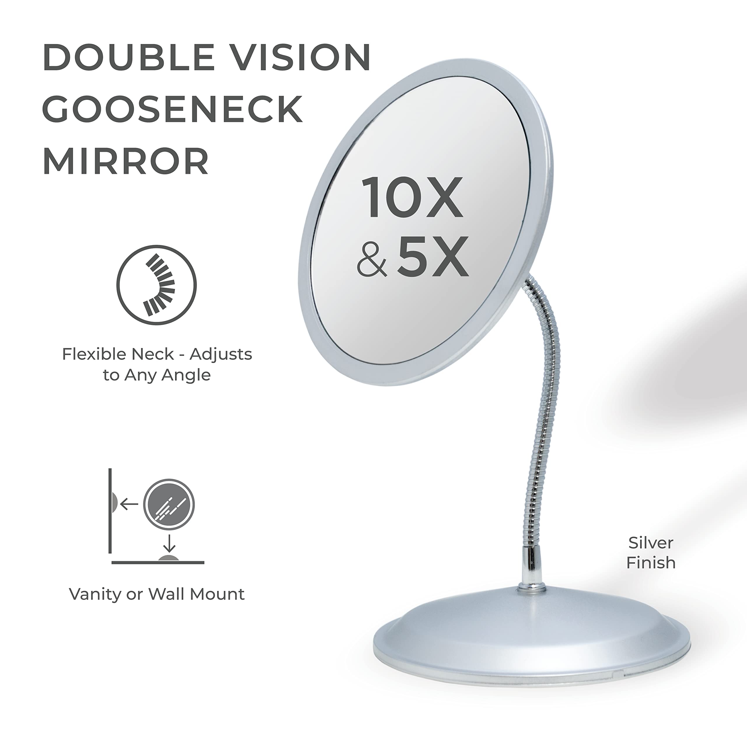 Double Vision Gooseneck Vanity/Wall Mount Mirror 5X/10X Magnification  Made in the USA