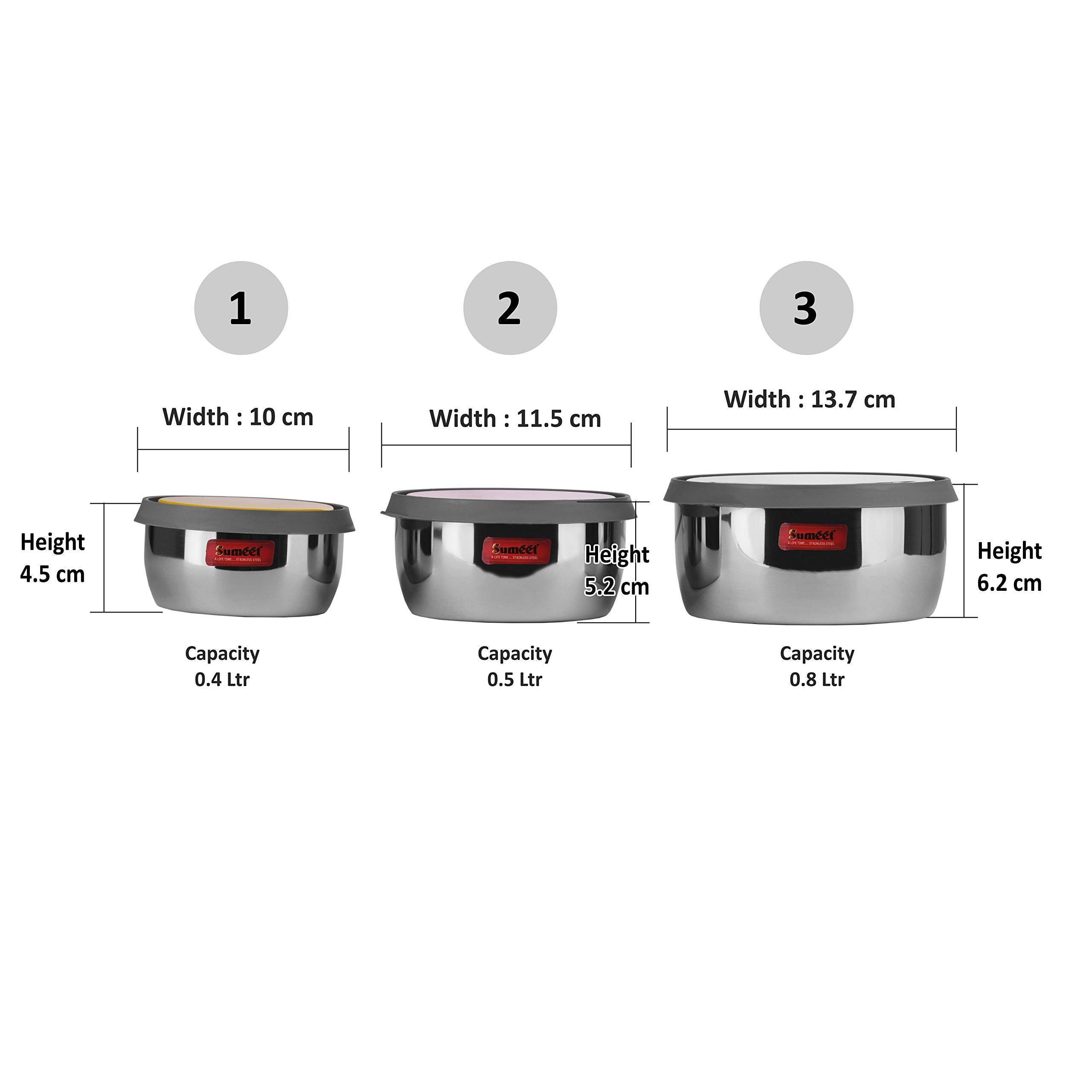 Sumeet Stainless Steel Modena Food Storage Airtight & Leak Proof Containers Set Of 3 Pc (400 Ml, 500 Ml & 800 Ml)