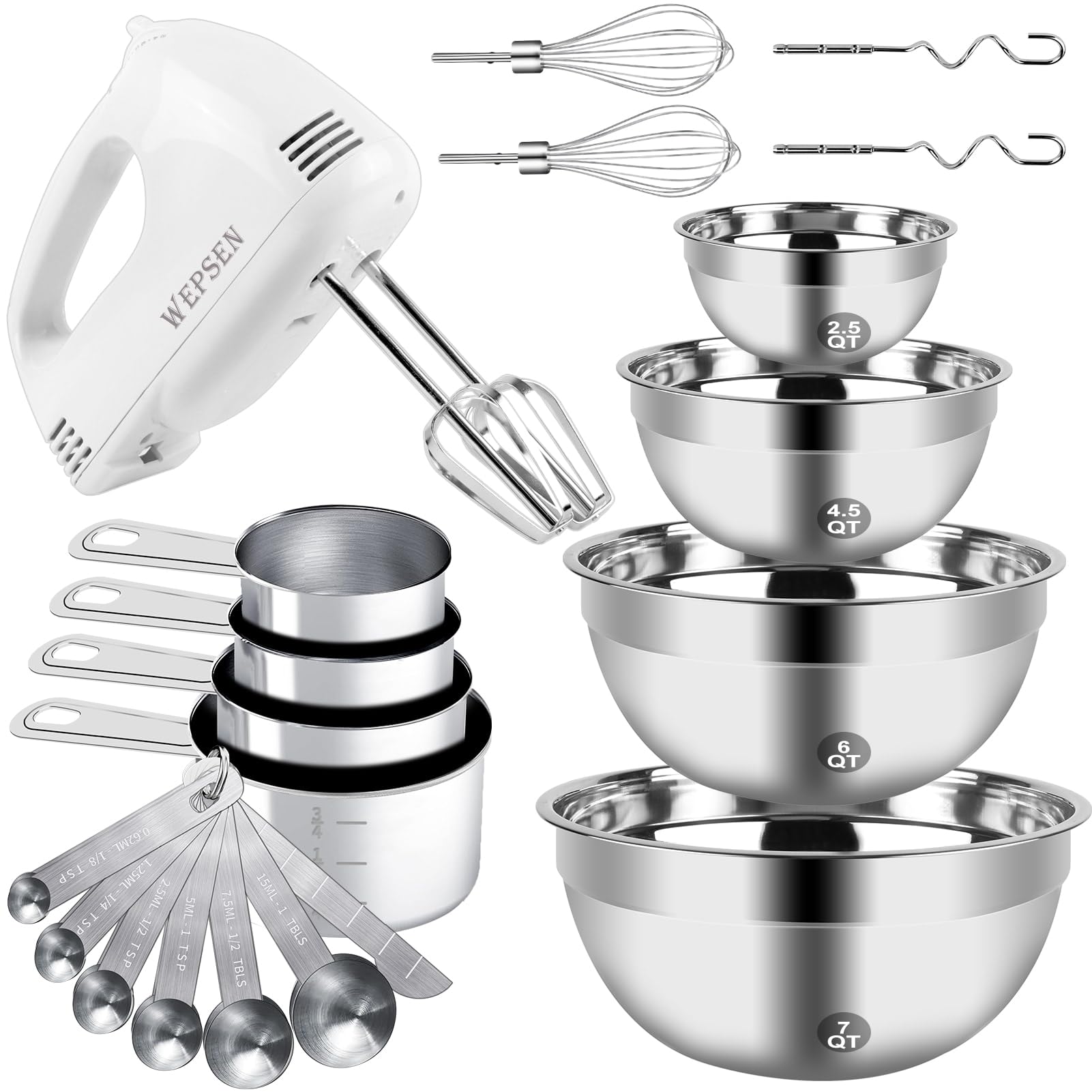 Wepsen Hand Mixer Electric Mixing Bowls Set, 5 Speeds Handheld Mixer With 4 Nesting Stainless Steel Mixing Bowl, Measuring Cups