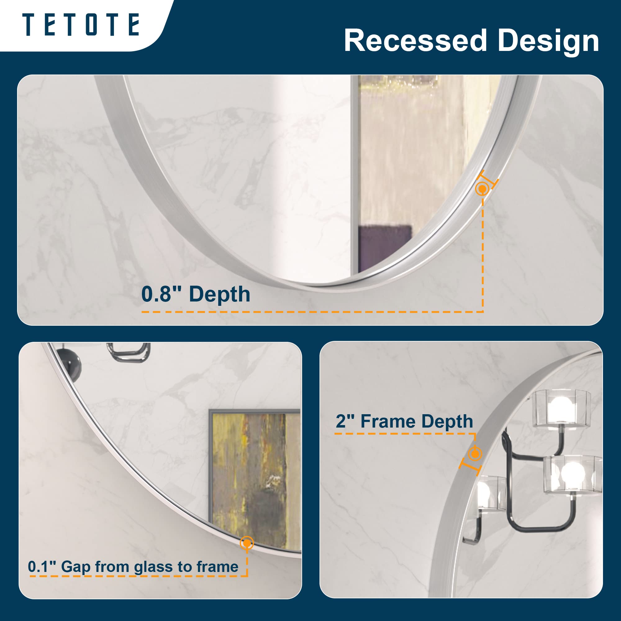 Tetote Silver Oval Bathroom Mirror, 24 X 36 Brushed Nickel Framed Wall Mounted Mirror For Vanity, Modern Decorative Shatterproof