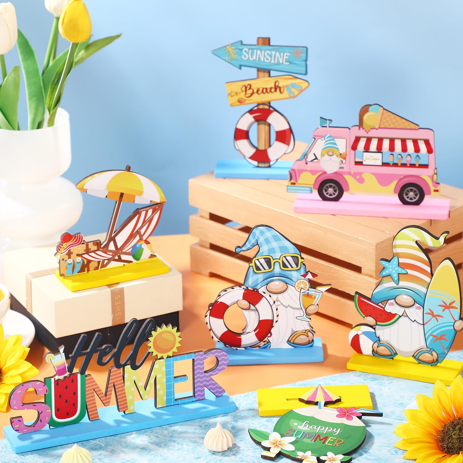 Kigley 7 Pieces Hello Summer Table Decoration Sign Wooden Centerpieces Beach Gnome Wooden Decor for Farmhouse Summer Beach Home
