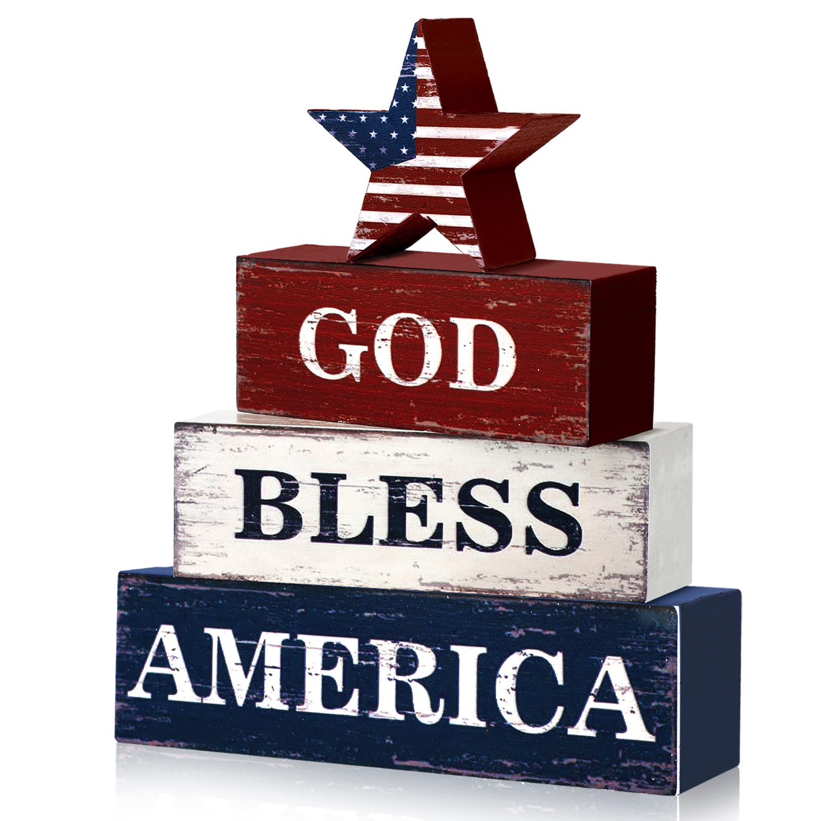 Huquary 4 Pcs 4th of July Decorations Patriotic Memorial Day Table Sign Independence Day Table Wood Decorations Red White Blue B