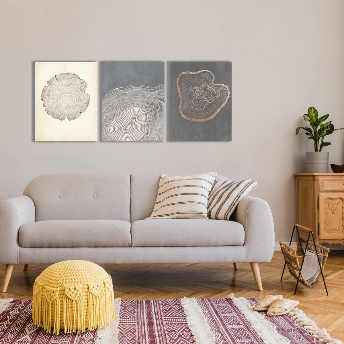 Anyzal Canvas Tree Ring Wall Art, Pastel Gray Artwork, Minimalist Wall Art-12''X16''X3 Panels, Wood Spirals Nature Drawings Abst