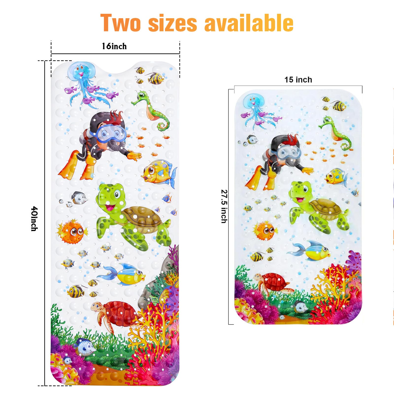 Secopad Baby Bath Mat for Tub for Kids  40 X 16 Inch Non Slip Cartoon Bath Tub Shower Mat Anti Slip with Drain Holes and Suction Cups Machine Washable  Turtle