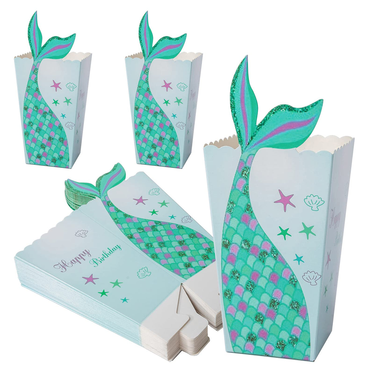 Lamantery 24Pcs Mermaid Popcorn Box Snack Treat Paper Box Mermaid Birthday Party Supplies Cardboard Candy Cookie Container For W