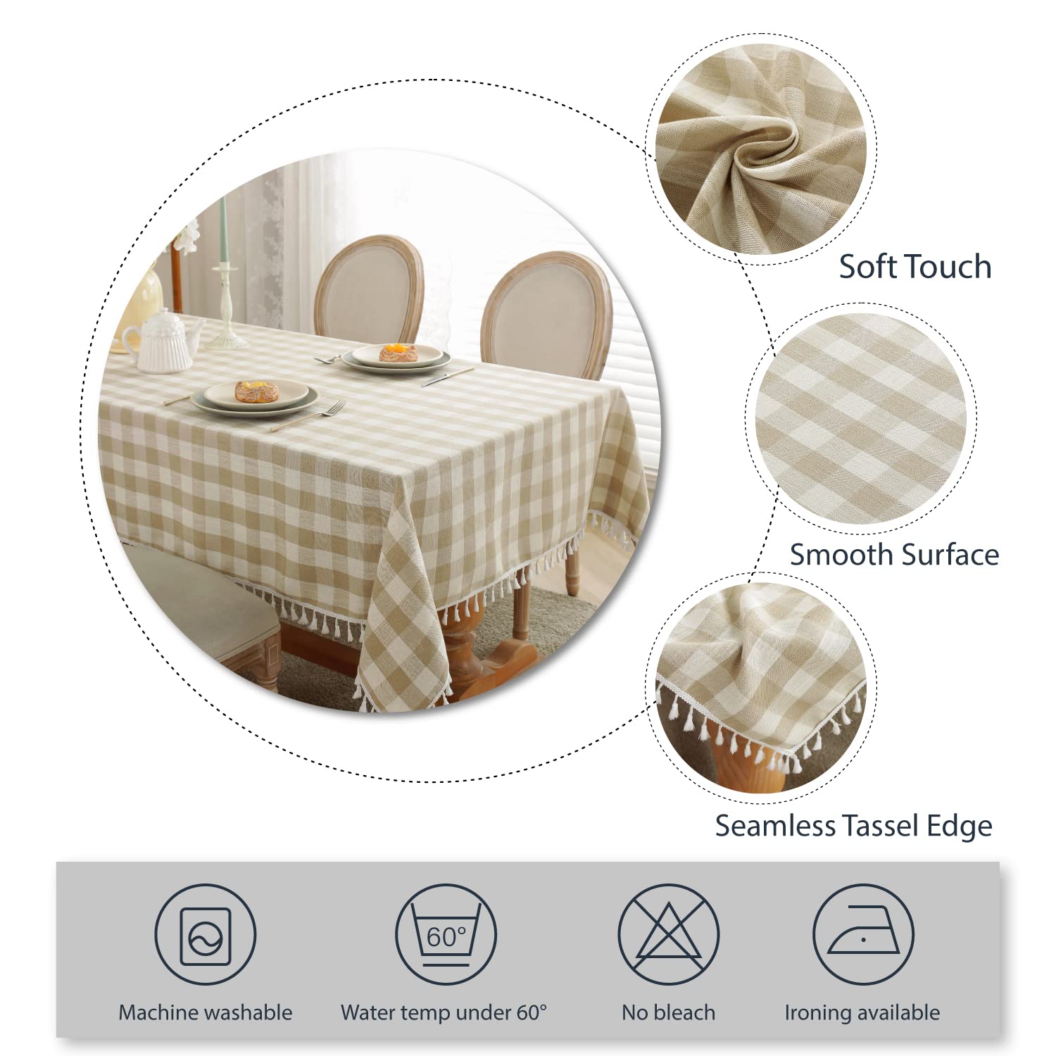 Laolitou Checkered Tablecloth Rectangle Washable Buffalo Plaid Table Cloth With Tassel Cotton Linen Gingham Table Cover For Picn
