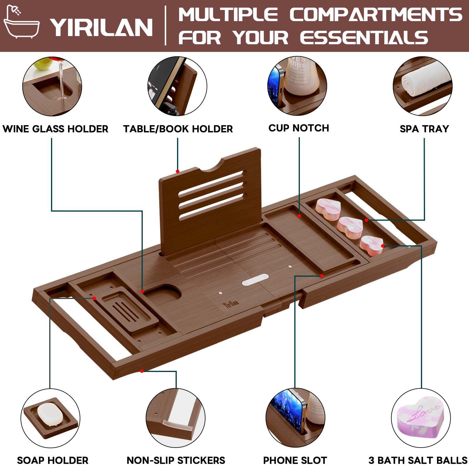 Yirilan Bathtub Caddy Tray, Foldable Bathroom Tray With Extending Side, And Waterproof Fabric Bookshelf, Luxury Bath Tray -Brown