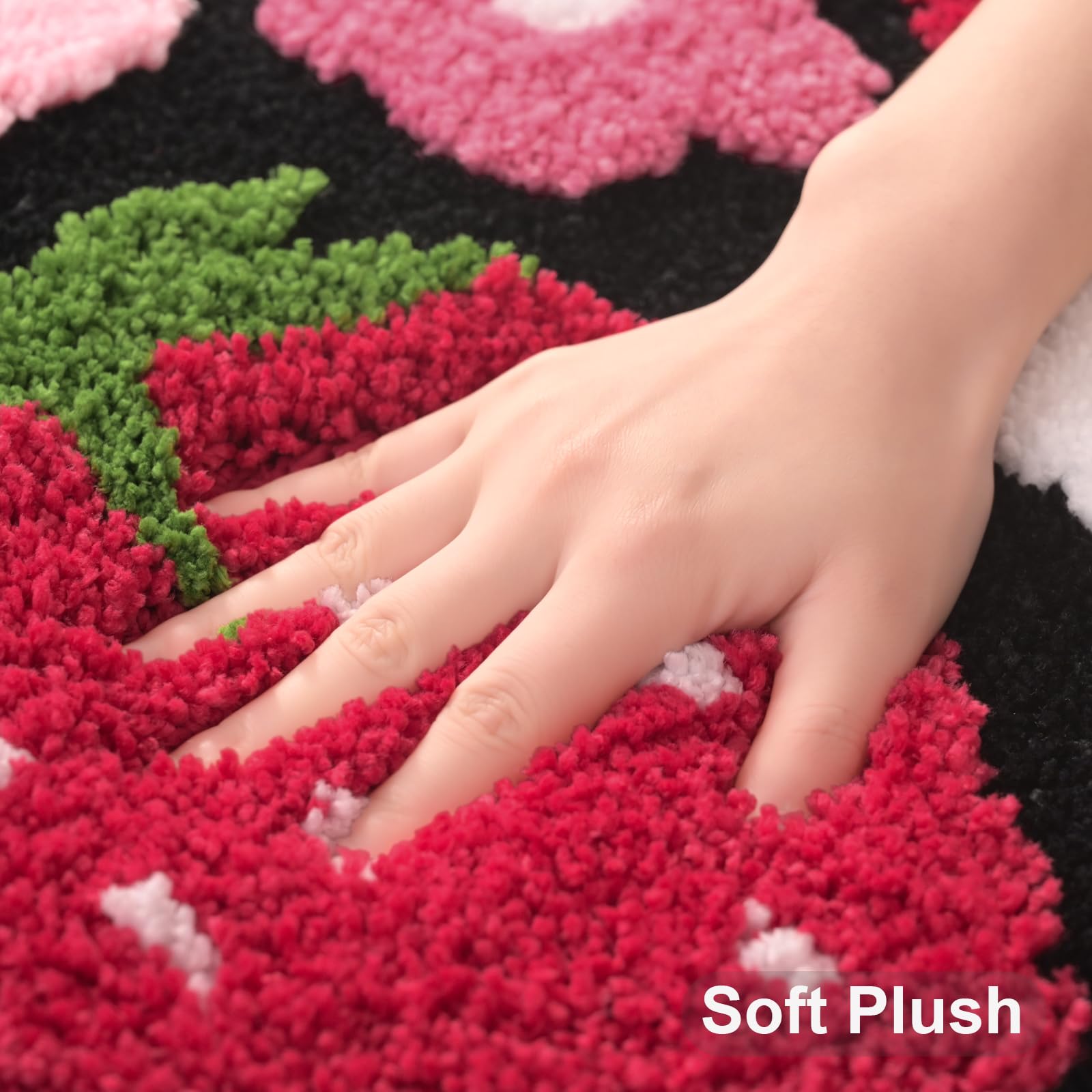 Anybar Black Toilet Rugs U Shaped, Cute Strawberry Flower Bathroom Contour Toilet Mats,Extra Soft Absorbent Toilet Carpet Bathro