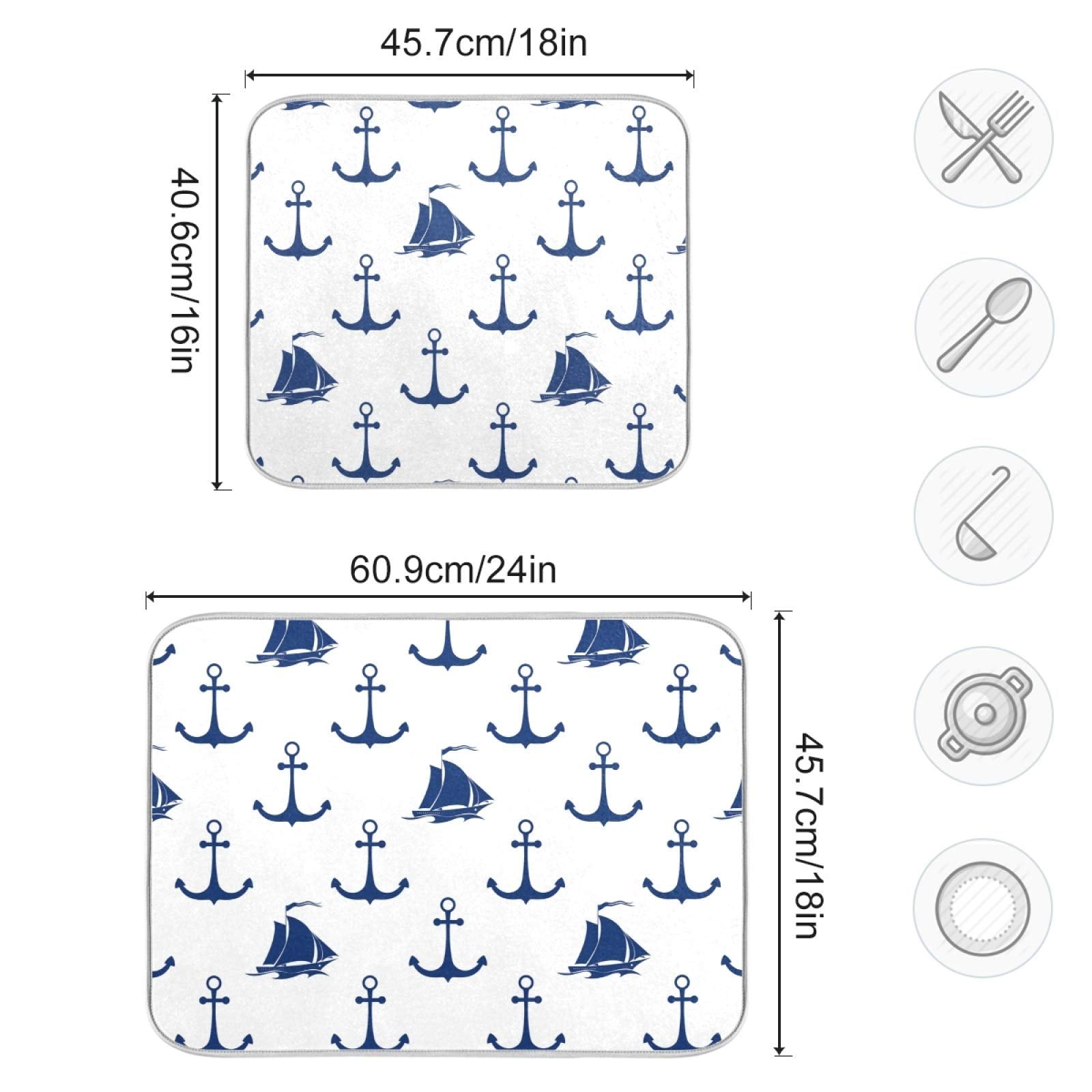 Wfrish Anchor Sailboat Pattern Dish Drying Mats Nautical Anchor Pattern Drying Mat With Hanging Loop Absorbent Dishes Drainer Pa