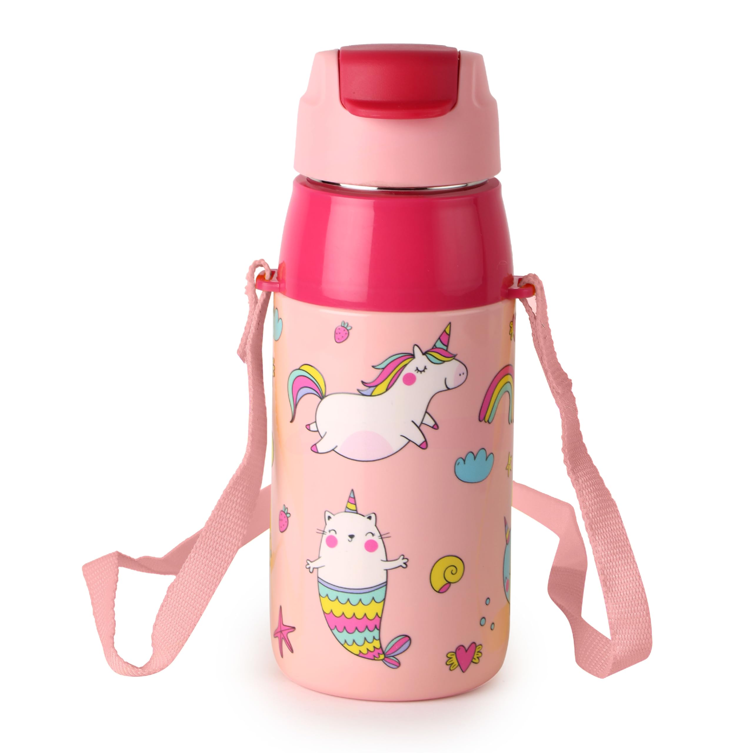 Cello Kidzbee Era Pink Parade Inner Steel Insulated Kids Water Bottle, 400 Ml, Pink | Leakproof Easy To Open Flip Top Cap With I