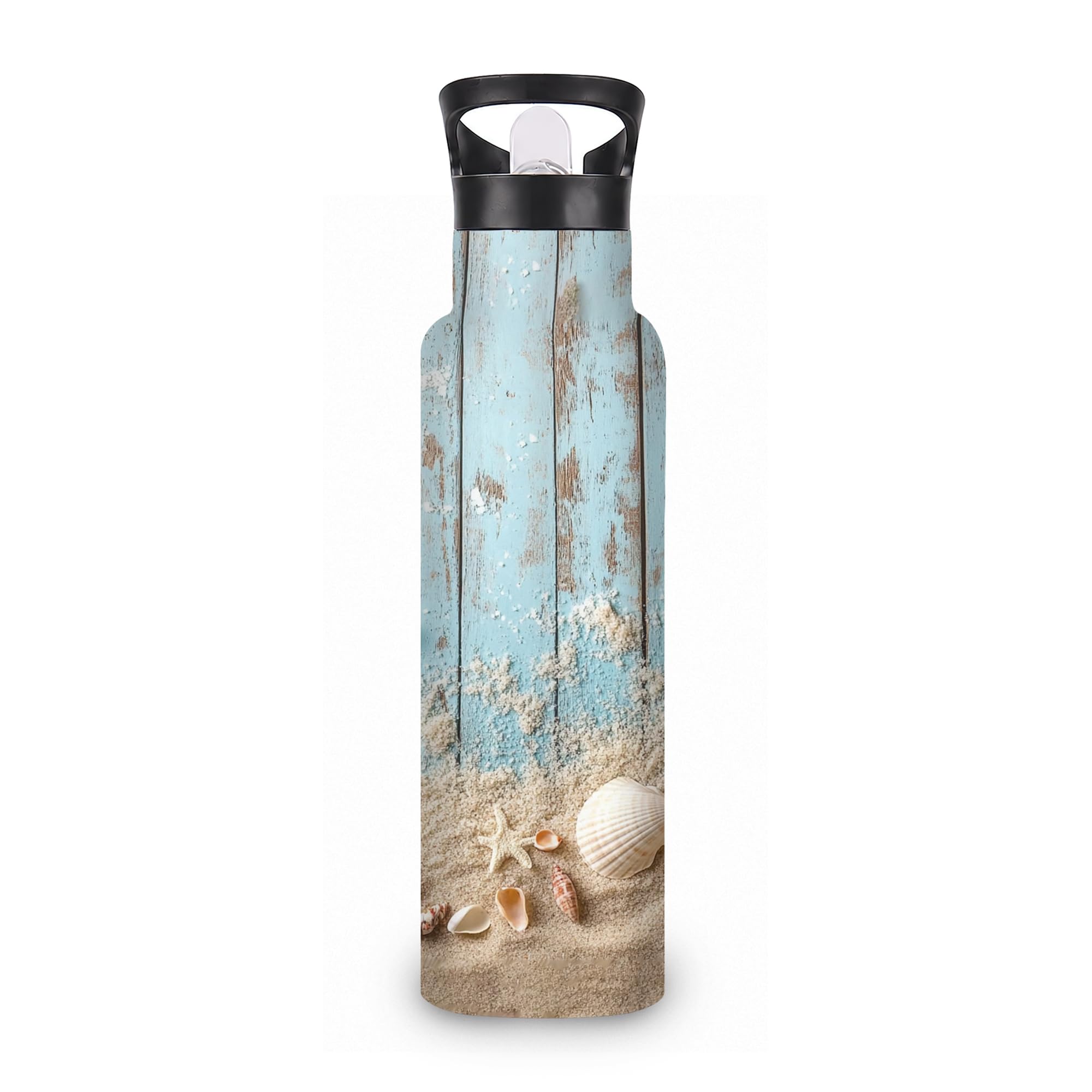 ICRICR Insulated Water Bottle,Sand Starfish 20 oz Stainless Steel Water Bottles with Straw Lid,Blue Wooden Leak Resistant Double