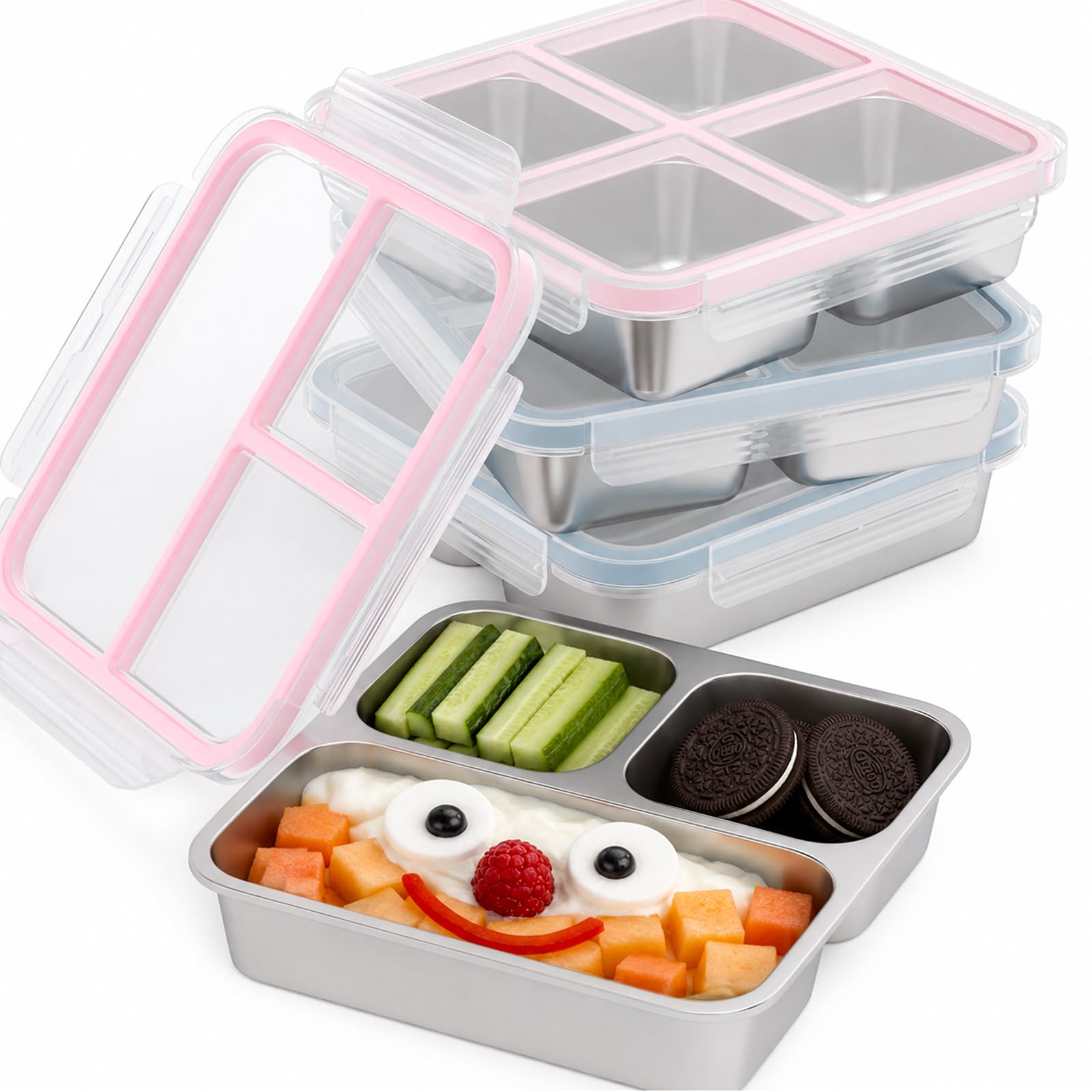 ECGaze 4 Pack Stainless Steel Snack Containers, 3 and 4 Compartments