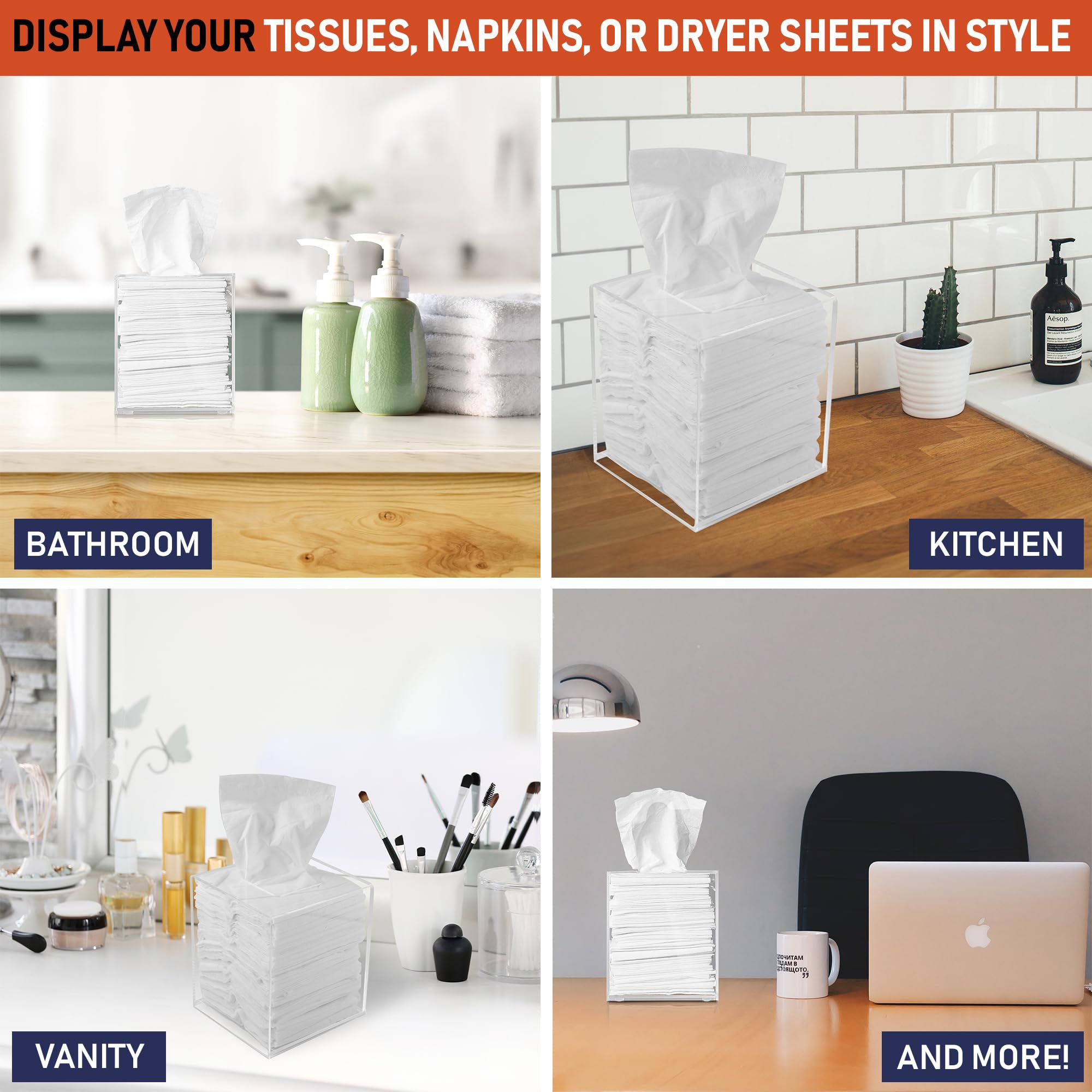 Acrylic Tissue Box Holder, Square Clear Tissue Box Dispenser For Facial Tissue, Napkins, Dryer Sheets. Perfect For Bathroom, Des