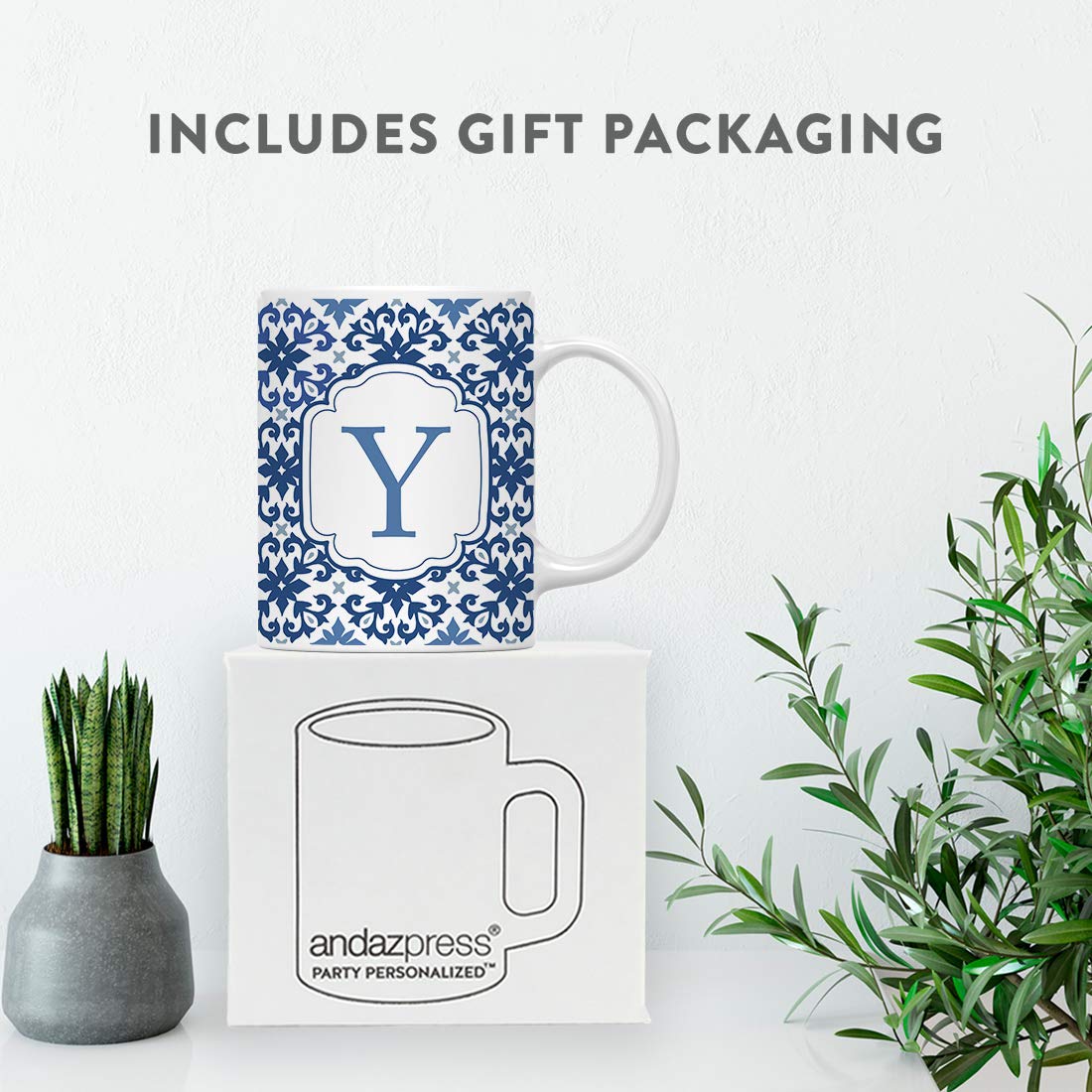 Andaz Press 11oz. Ceramic Coffee Tea Mug Gift, Moroccan Monogram Initial Letter Y, 1-Pack, for Her, Birthday Christmas Ideas, Mo