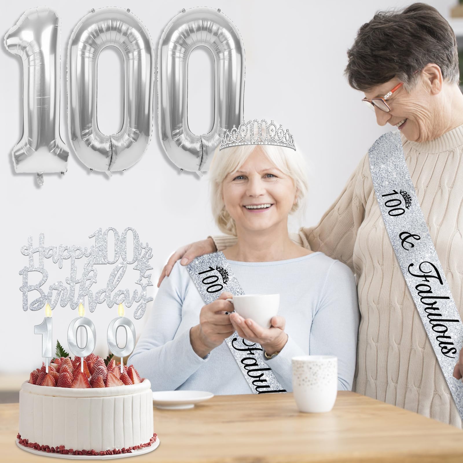 100th Birthday Decorations for Women Silver with 100th Birthday Sash and Tiara, Cake Topper and Candles, Silver Number Balloons,