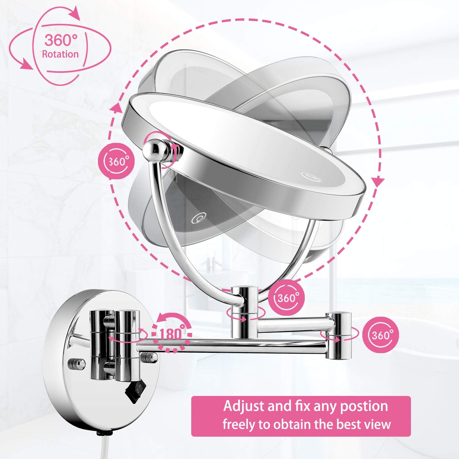 Amznevo Wall Mounted Lighted Makeup Mirror, 8 Inch Double-Sided 1X 5X Magnifying Mirror For Bathroom, 11'' Extendable Arm, 360 S
