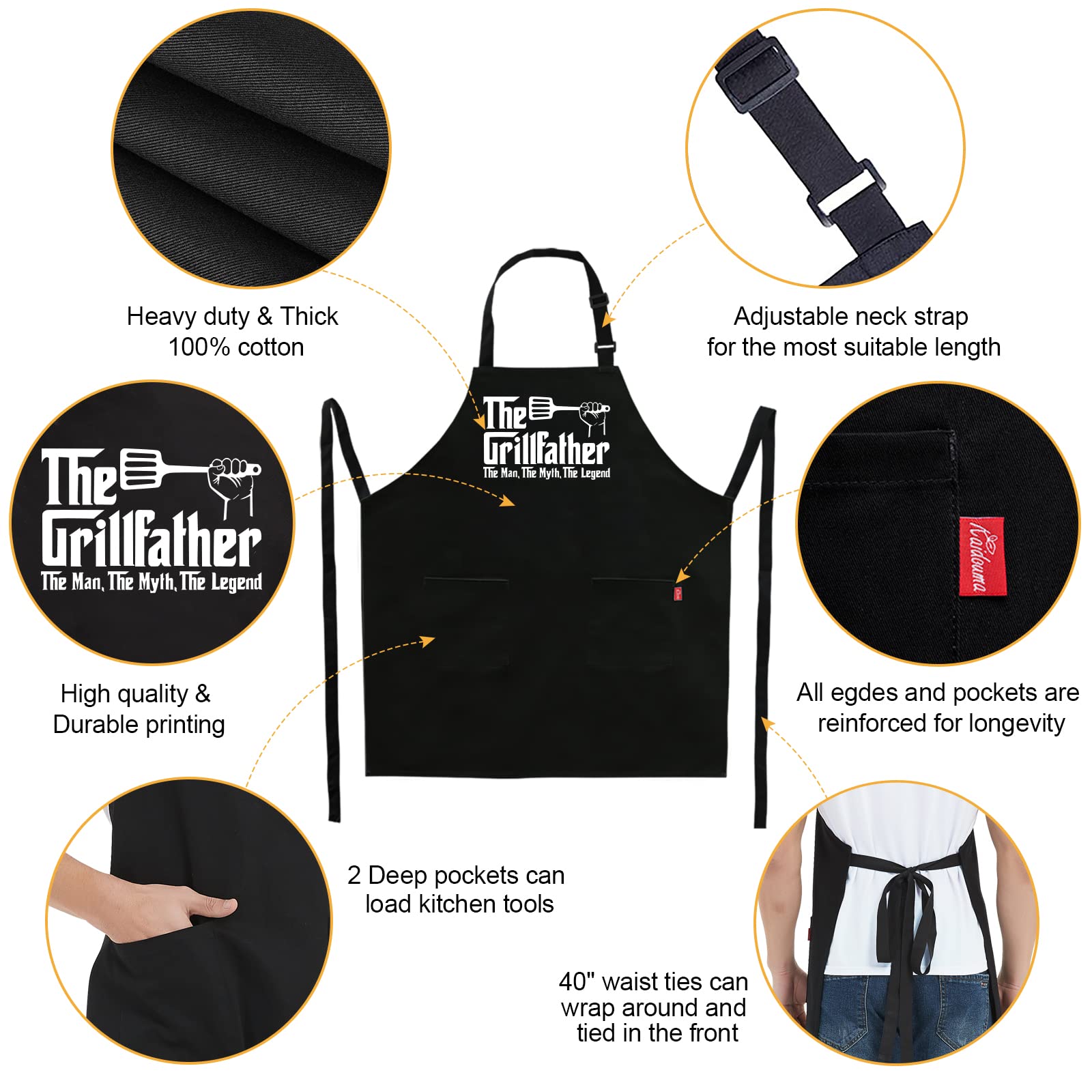 Kaidouma Grill Apron Bbq Aprons For Men Dad - The Grillfather - Funny Chef Cooking Grilling Apron With 2 Pockets - Birthday Fath