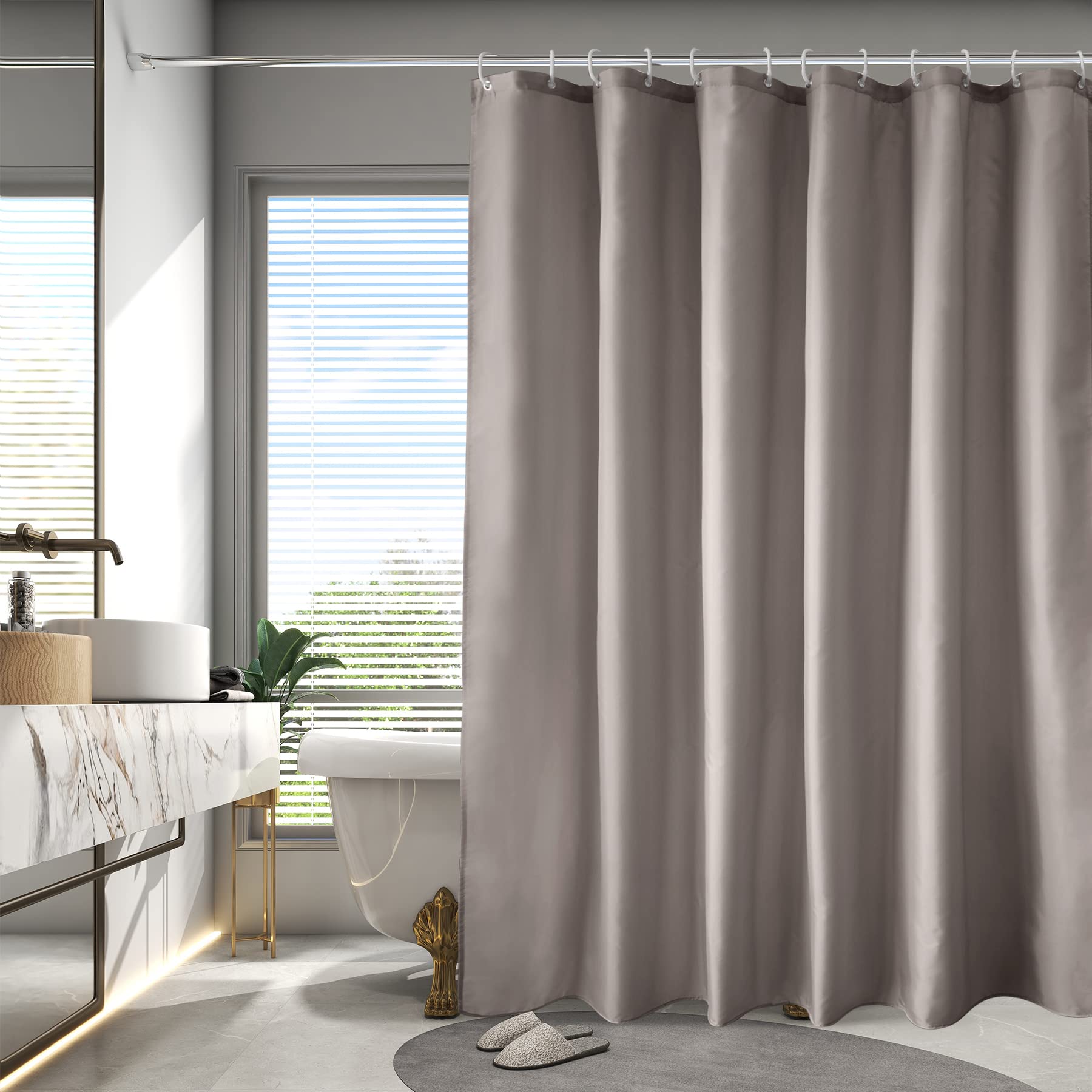 Aoohome Extra Long Shower Liner, Fabric Bathroom Curtain With Hooks For Hotel, Weigthed Hem, Water Repellent, 72 X 84 Inch, Choc