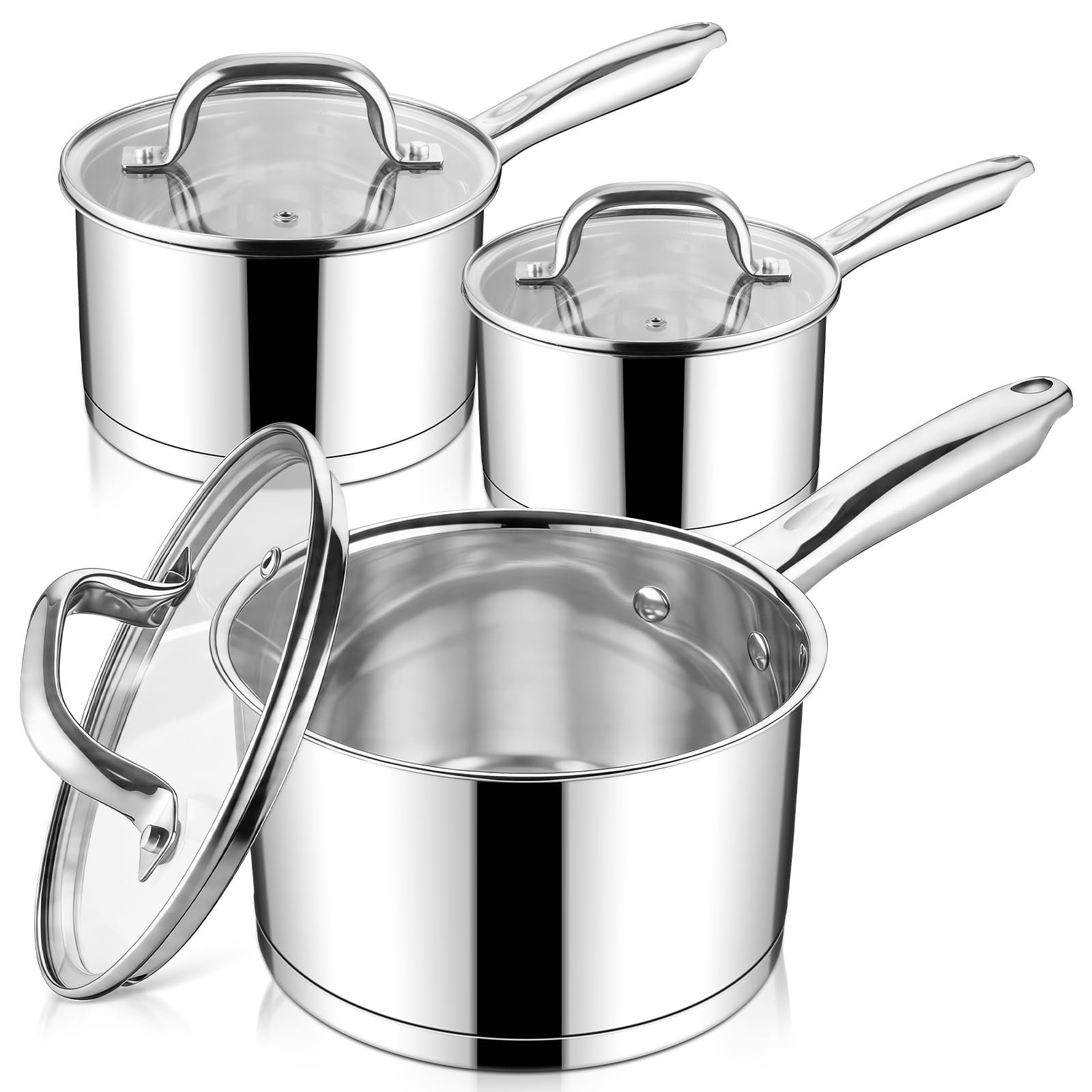 Leonyo 1QT & 2QT & 3QT Stainless Steel Saucepan Set, TriPly Cooking Pots