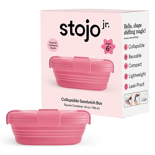 Stojo Jr Collapsible Box For Kids - Peony Pink, 24Oz - Leak-Proof Reusable Silicone Travel Bowl For Hot & Cold Food - For Home,