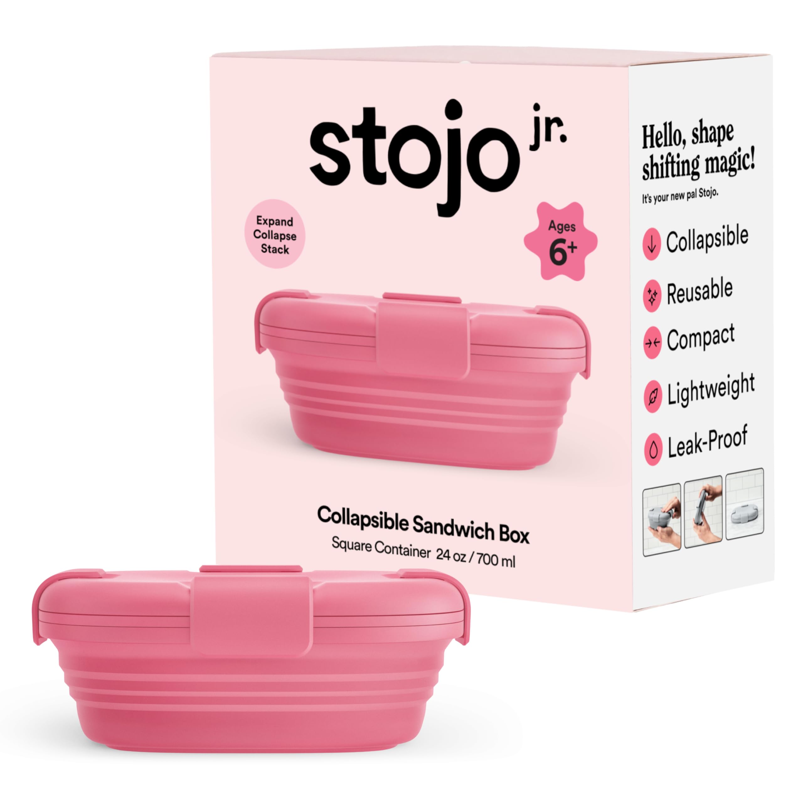 Stojo Jr Collapsible Box For Kids - Peony Pink, 24Oz - Leak-Proof Reusable Silicone Travel Bowl For Hot & Cold Food - For Home,