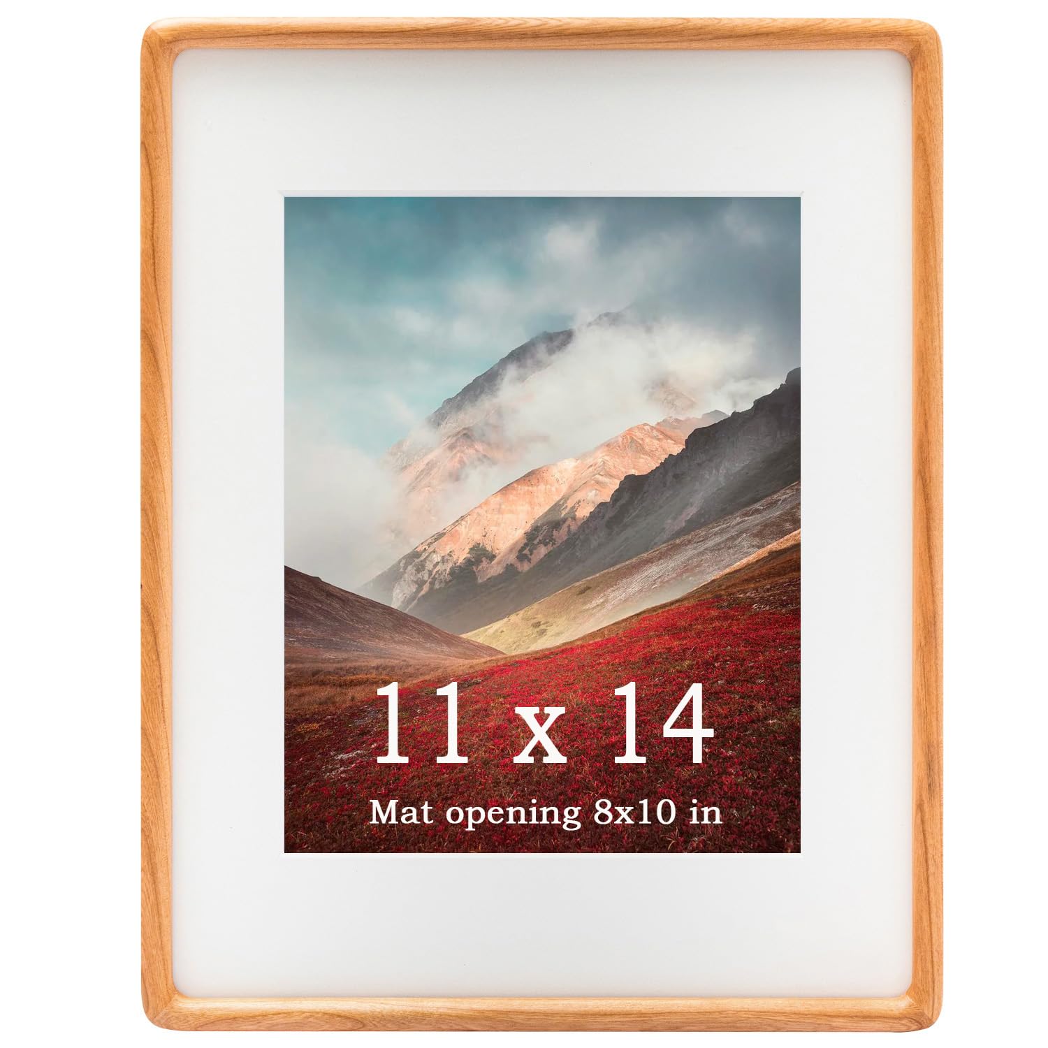 Zibrelte 11x14 Frame Natural, Solid Cherry Wood 11 x 14 Picture Frame with Mat for 8 x 10 Image, Wall Gallery Mounting 14 x 11 I