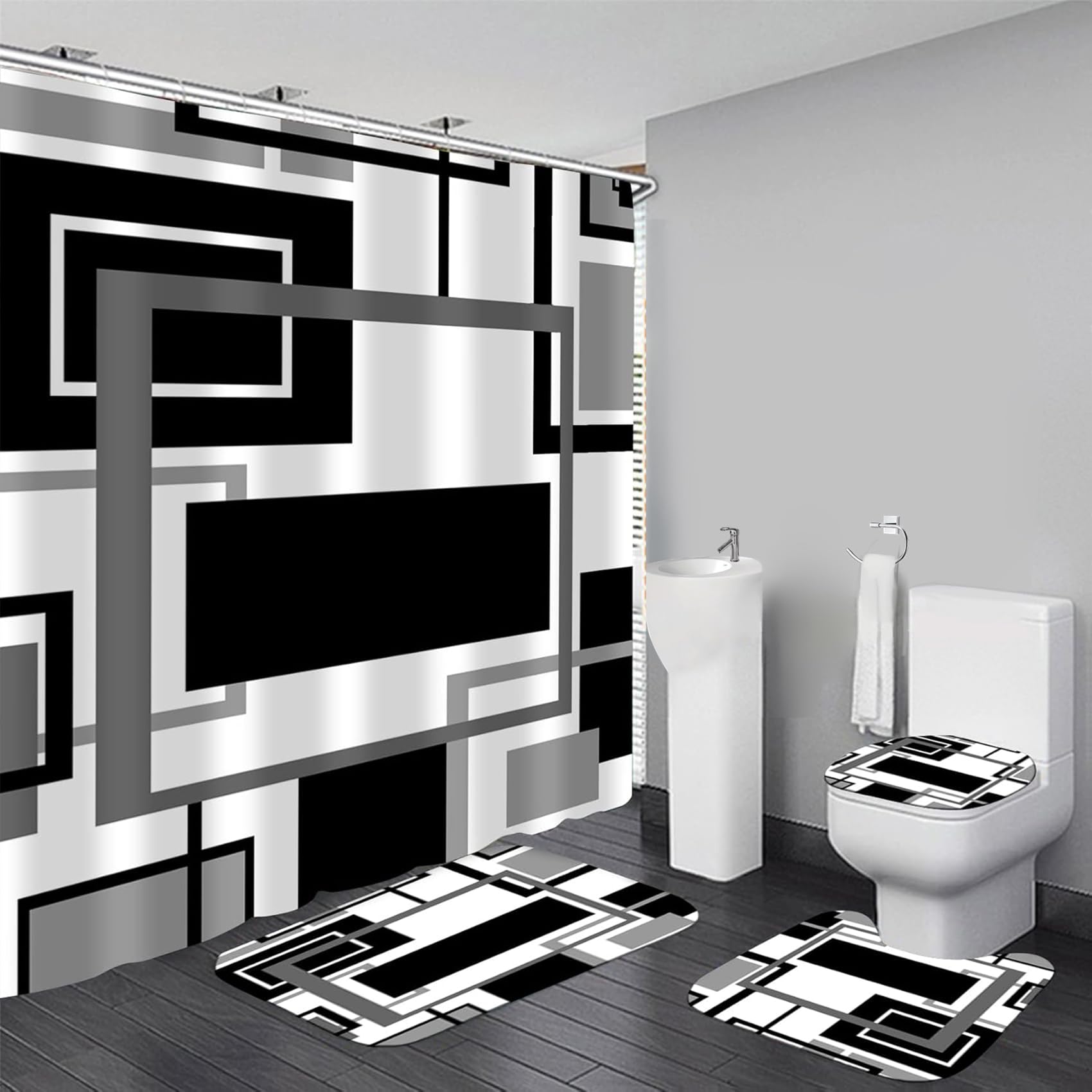 Yddsky 4 Pcs Black Geometric Shower Curtain Sets Non-Slip Bath Rugs  Toilet Cover  U-Shaped Mat  Abstract Geometric Modern Shower Curtain with 12 Hooks  Black and White Bathroom Set