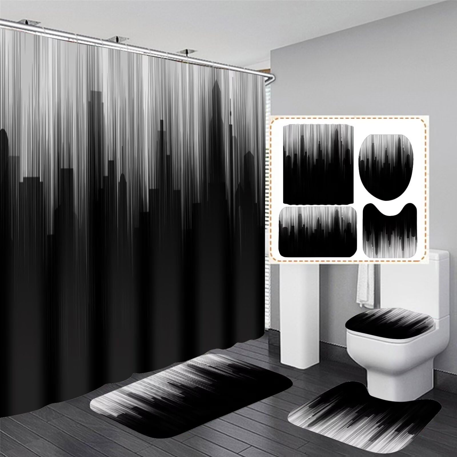 Yddsky 4 Pcs Black And White Shower Curtain Sets Non-Slip Rugs Bath Mat Toilet Cover, U-Shaped Mat, Gradient Shower Curtain With