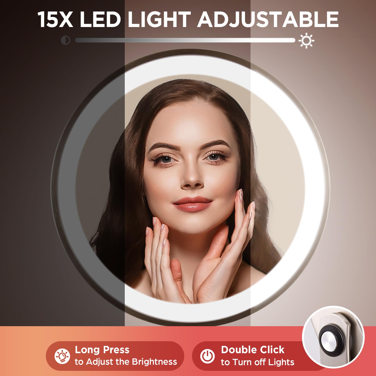 Lights Makeup Mirror, 1X/15X Nickel Magnifying Mirror With 3 Colors, 360Rotation Touch Screen & Rechargeable Double Sided, Brigh