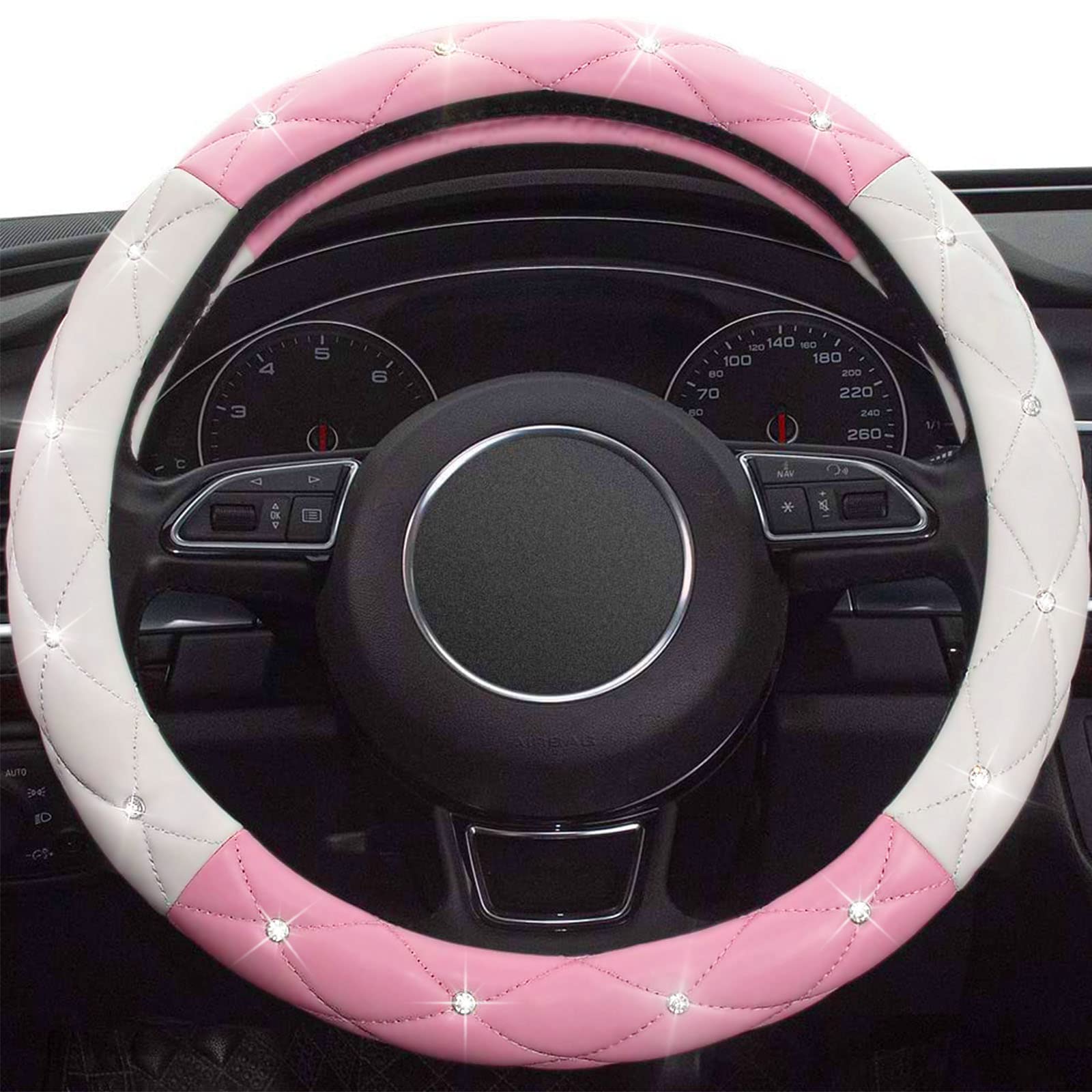 Xizopucy White Pink Steering Wheel Cover, Anti-Slip Steering Wheel Protector With Crystal Rhinestones Microfiber Leather, Steeri