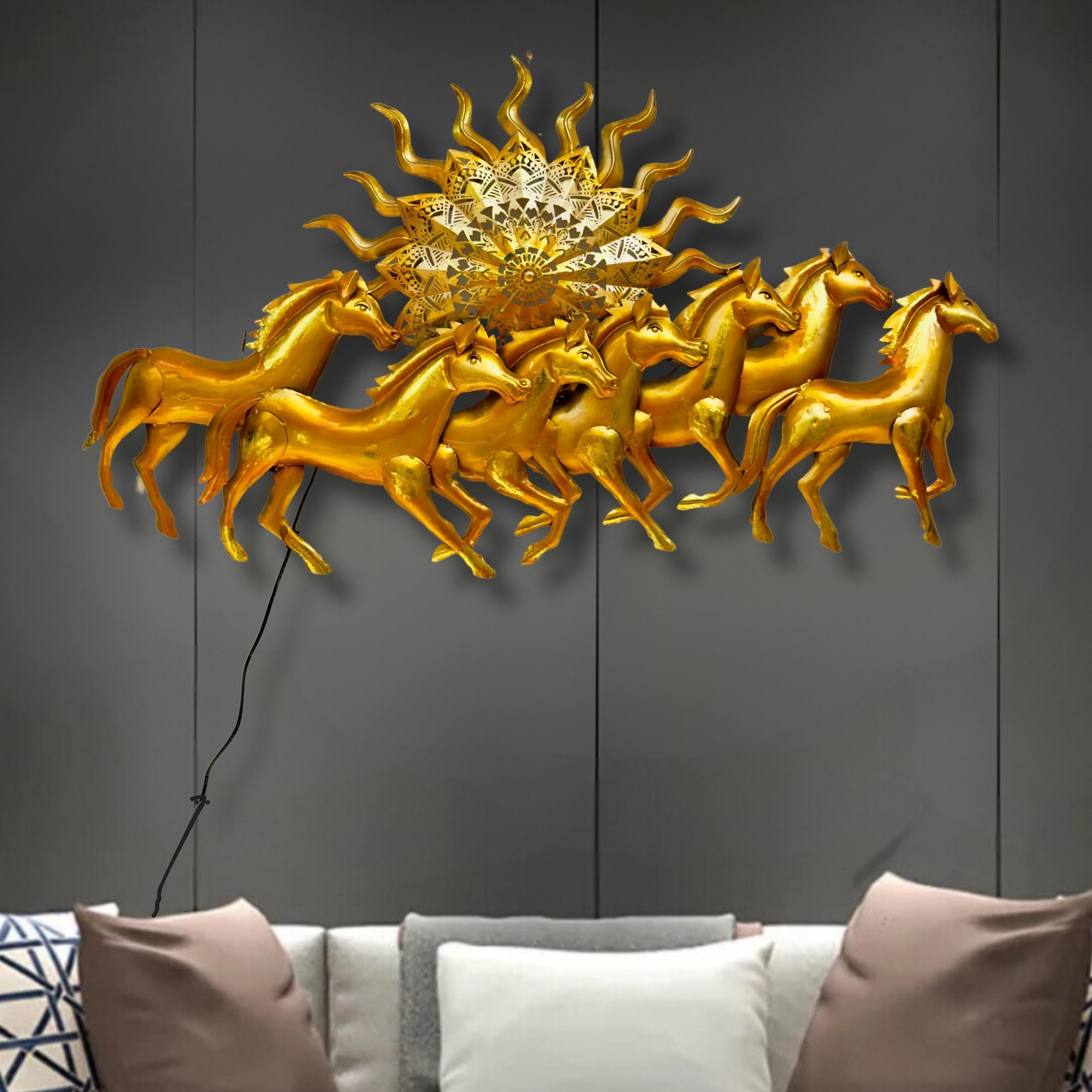 Rsn Golden 7 Running Horses With Sun - Metal Wall Decor, With Led Light For Living Room, Drawing Room, And Office Decor-Size-50X