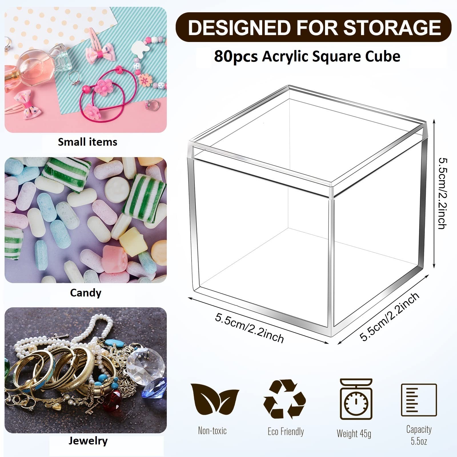 Tuanse 80 Pcs Acrylic Box with Lid Clear Small Acrylic Box Plastic Square Cube with Lid Mini Containers Display 2.2 x 2.2 x 2.2