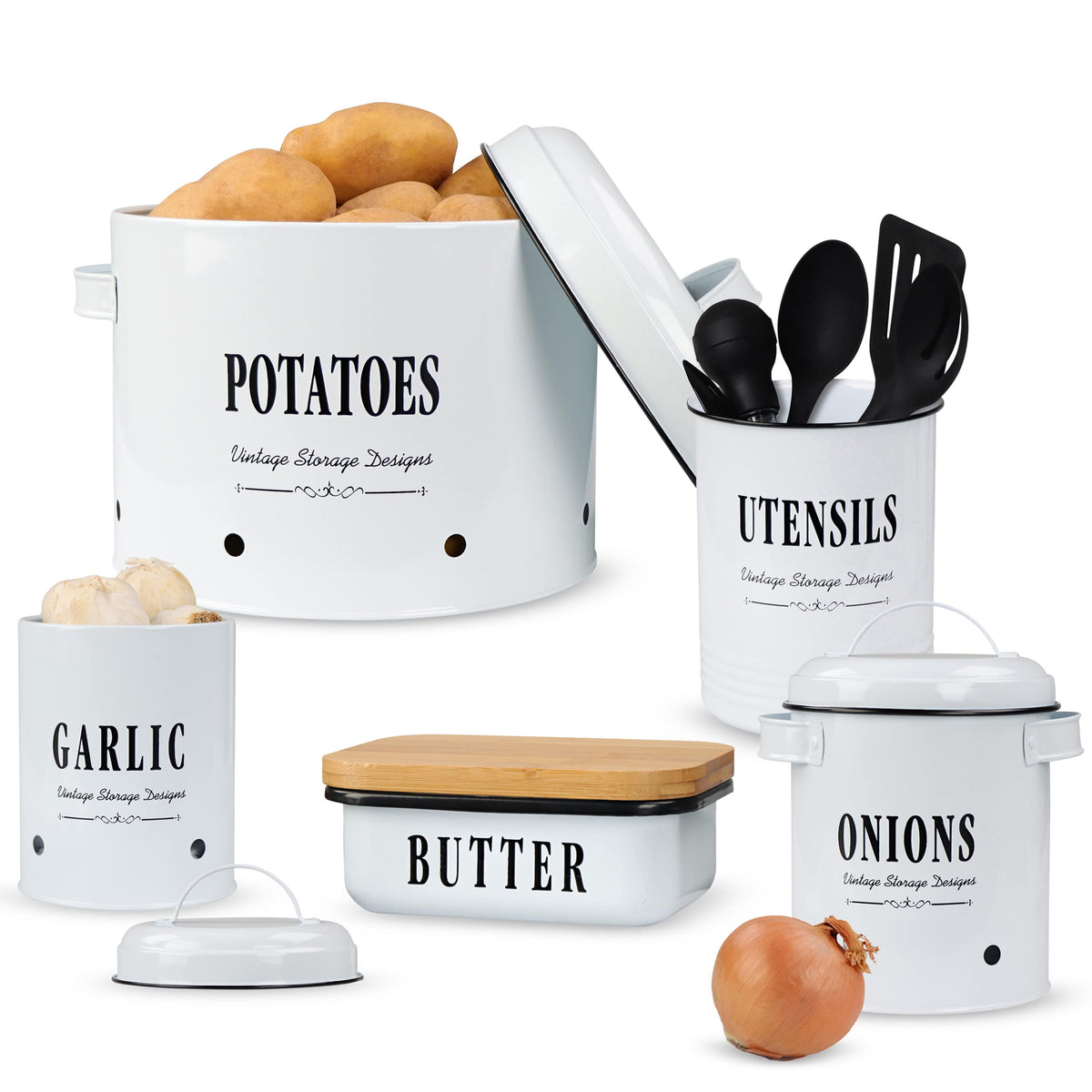 7Penn Kitchen Utensil Holder, Butter Dish With Lid, And Garlic Onion And Potato Storage Bins For Pantry - Metal Rustic Farmhouse