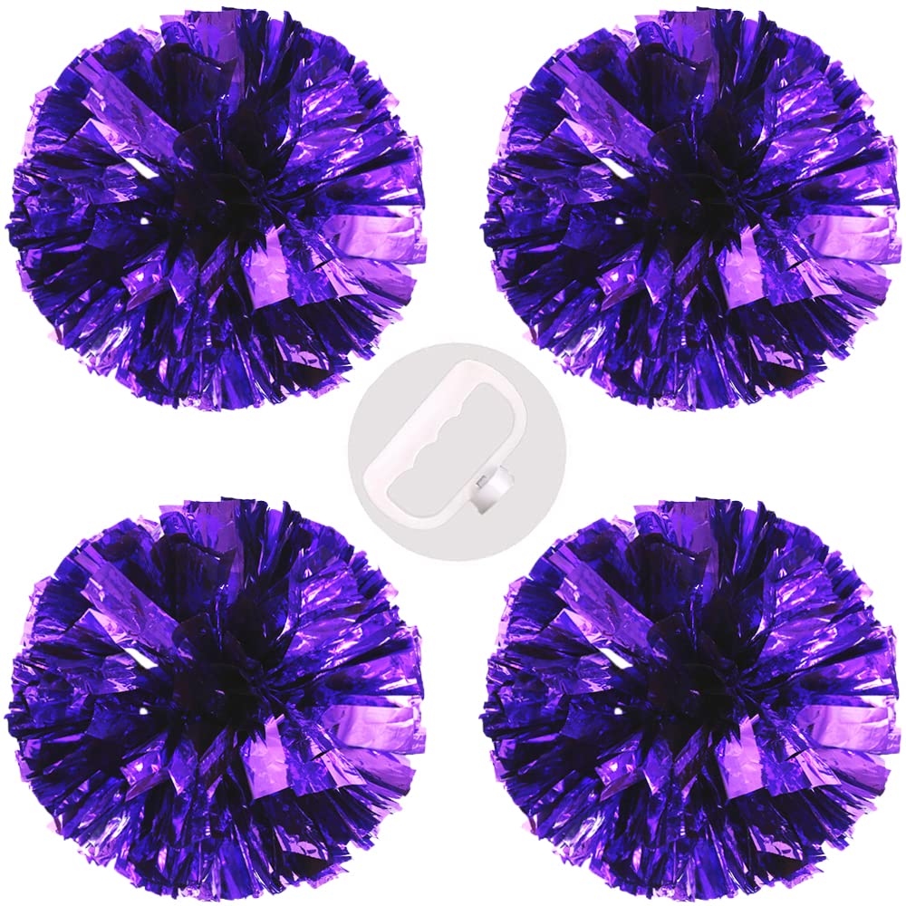 Puzine 4 Pack 13'' Cheerleading Metallic Foil & Plastic Ring Pom Poms(Purple)