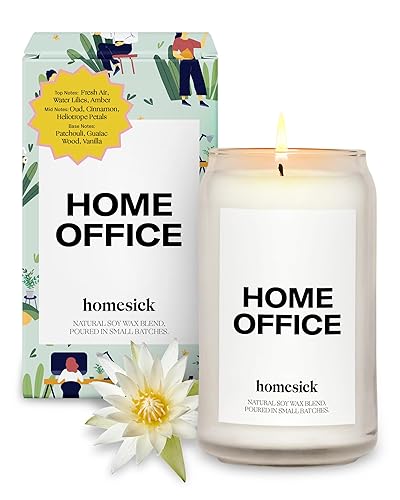 Homesick Premium Scented Candle, Home Office - Scents of Fresh Air, Water Lilies, Amber, 13.75 oz, 60-80 Hour Burn, Natural Soy