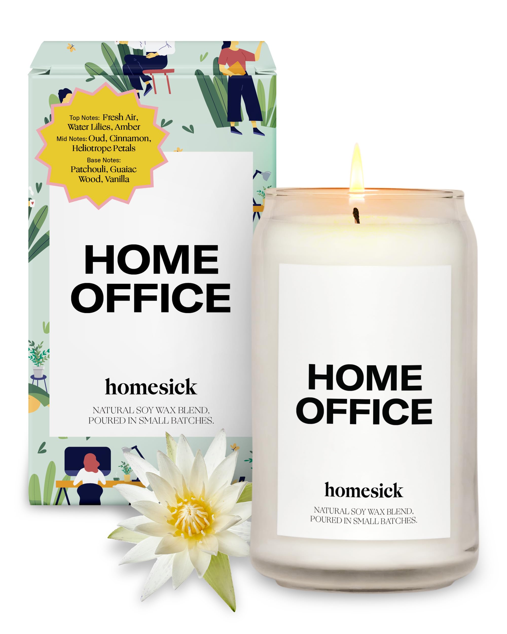 Homesick Premium Scented Candle, Home Office - Scents of Fresh Air, Water Lilies, Amber, 13.75 oz, 60-80 Hour Burn, Natural Soy