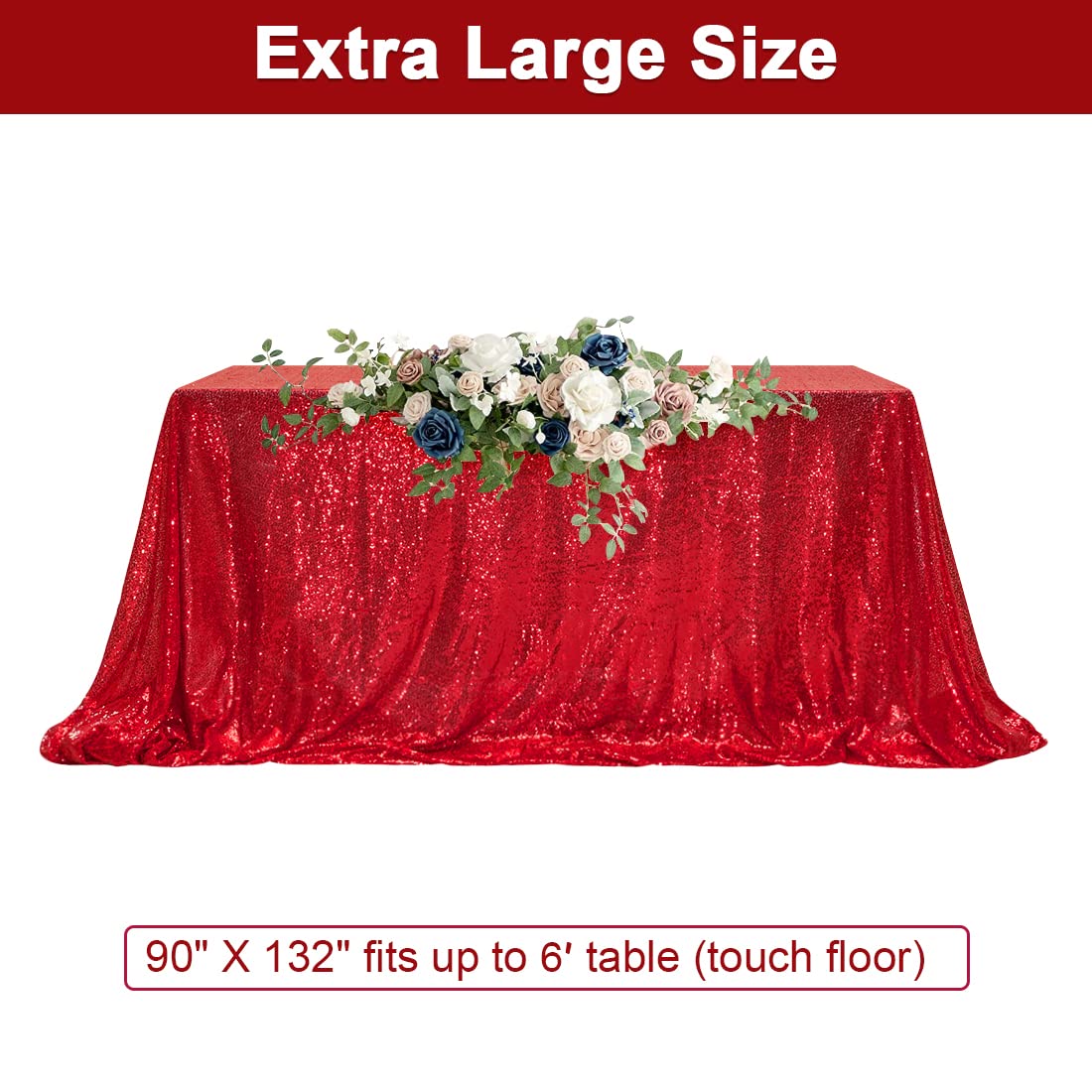 Partydelight Sequin Tablecloth, Wedding, Dinning Table, Rectangular, 90''X132'', Dark Red