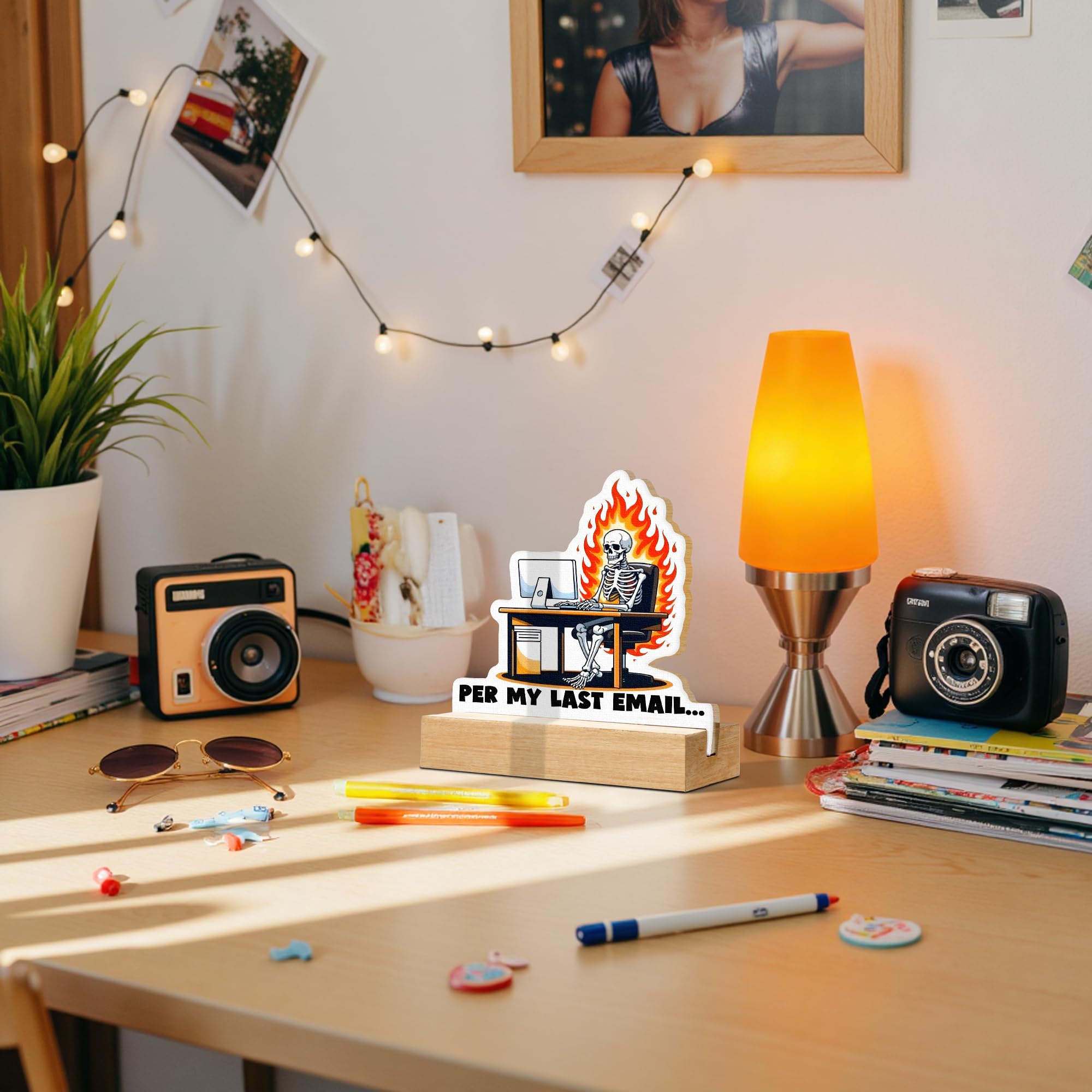 CTYNU Funny Skeleton Desk Decor Sign, Per My Last Email Skeleton Shaped Wood Sign Plaque with Wooden Stand for Home Office Desk