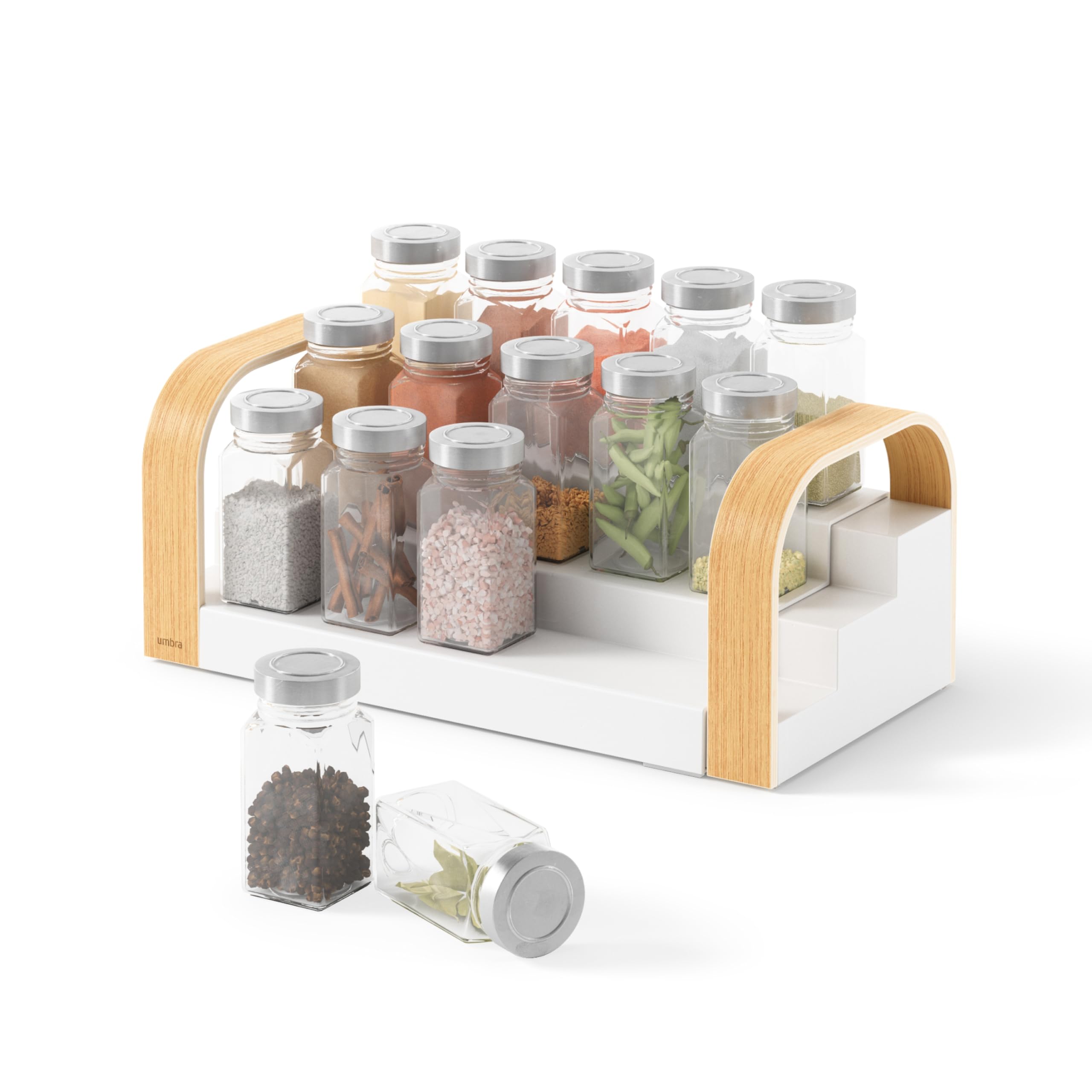Umbra Bellwood Three-Tier Spice Shelf, Expandable Design Made of Durable Plastic and Wood, Natural/White