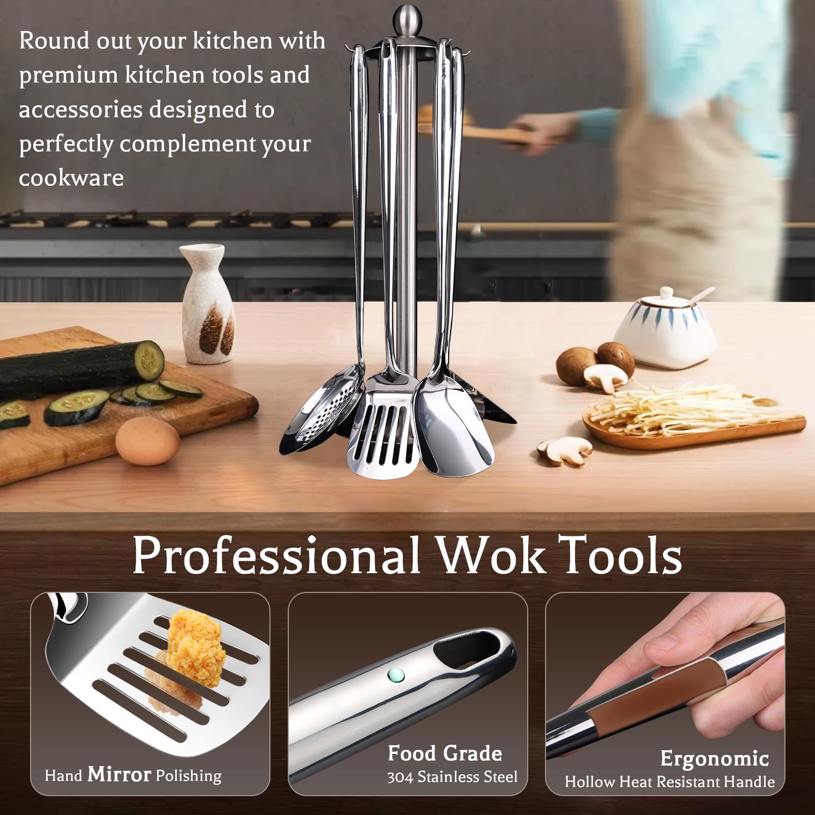Wok Spatula And Ladle,Skimmer Slotted Spoon Set - Mirror Polished Asian Wok Cooking Tools - 18/8 Stainless Steel Wide Wok Spatul