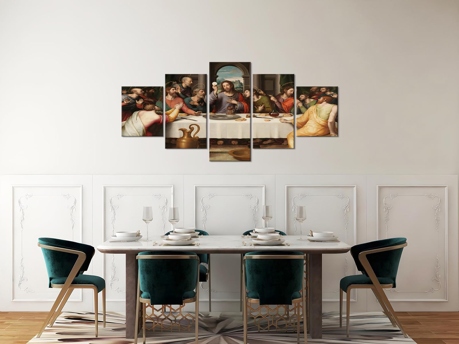 YOUHONG 5 Piece Leonardo Da Vinci Religious Wall Decor Christian Wall Art Jesus Wall Art The Last Supper Painting for Dining Room Decor (60''W x 32''H)