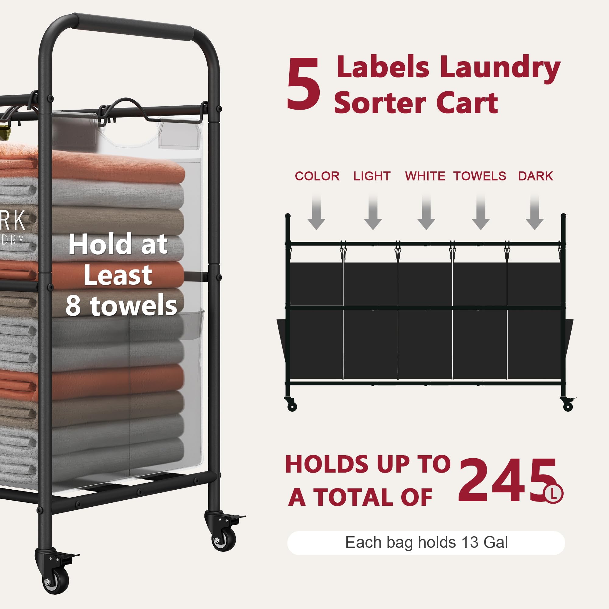 Tajsoon 5 Bag Laundry Sorter Cart, 5 Section Laundry Sorter With Heavy Duty Rolling Lockable Wheels, Laundry Separator Hamper Wi
