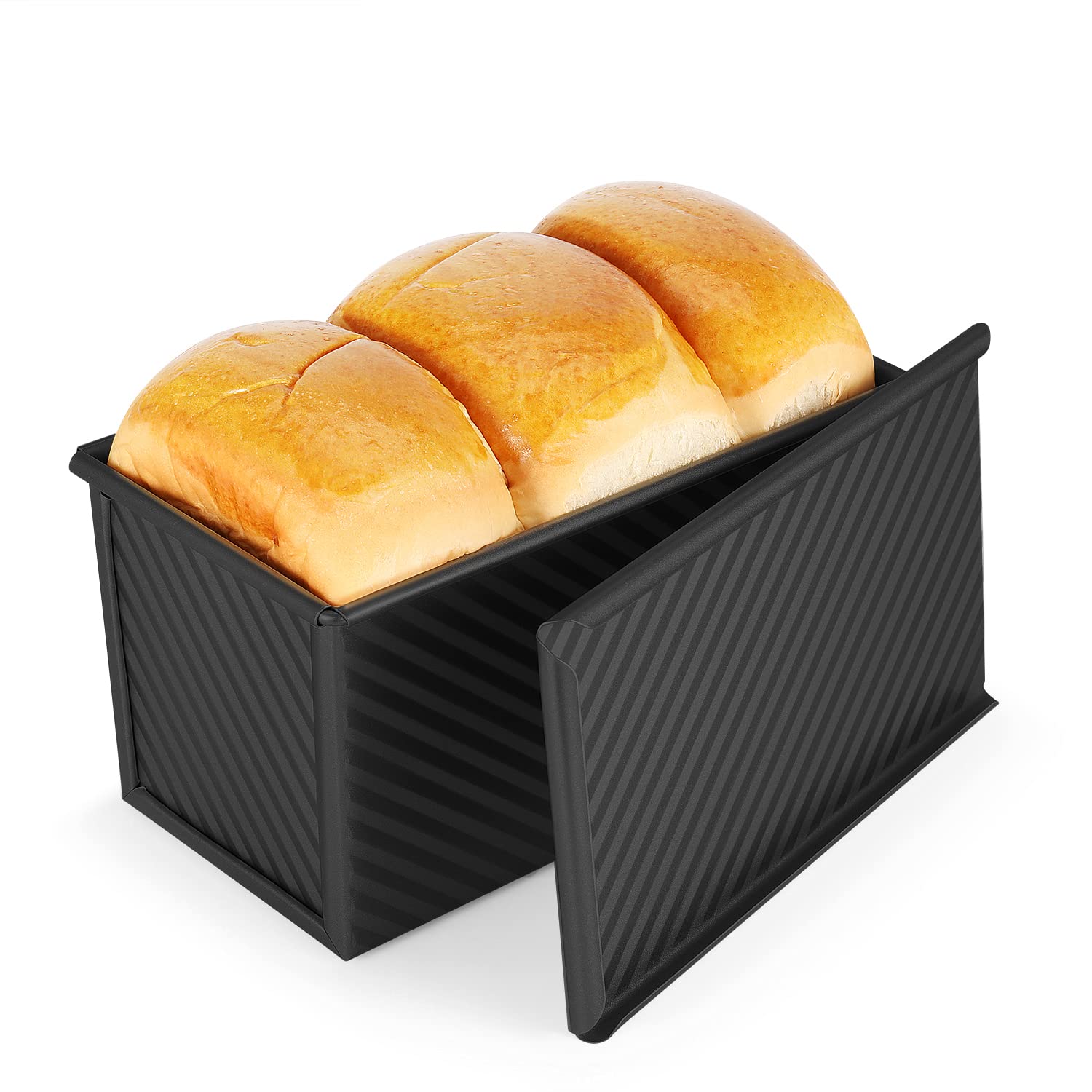 Flexzion Pullman Loaf Pan With Lid Bread Loaf Pan For Homemade Bread 1Lb Dough Capacity Black Corrugated Square Bread Mold, Cake