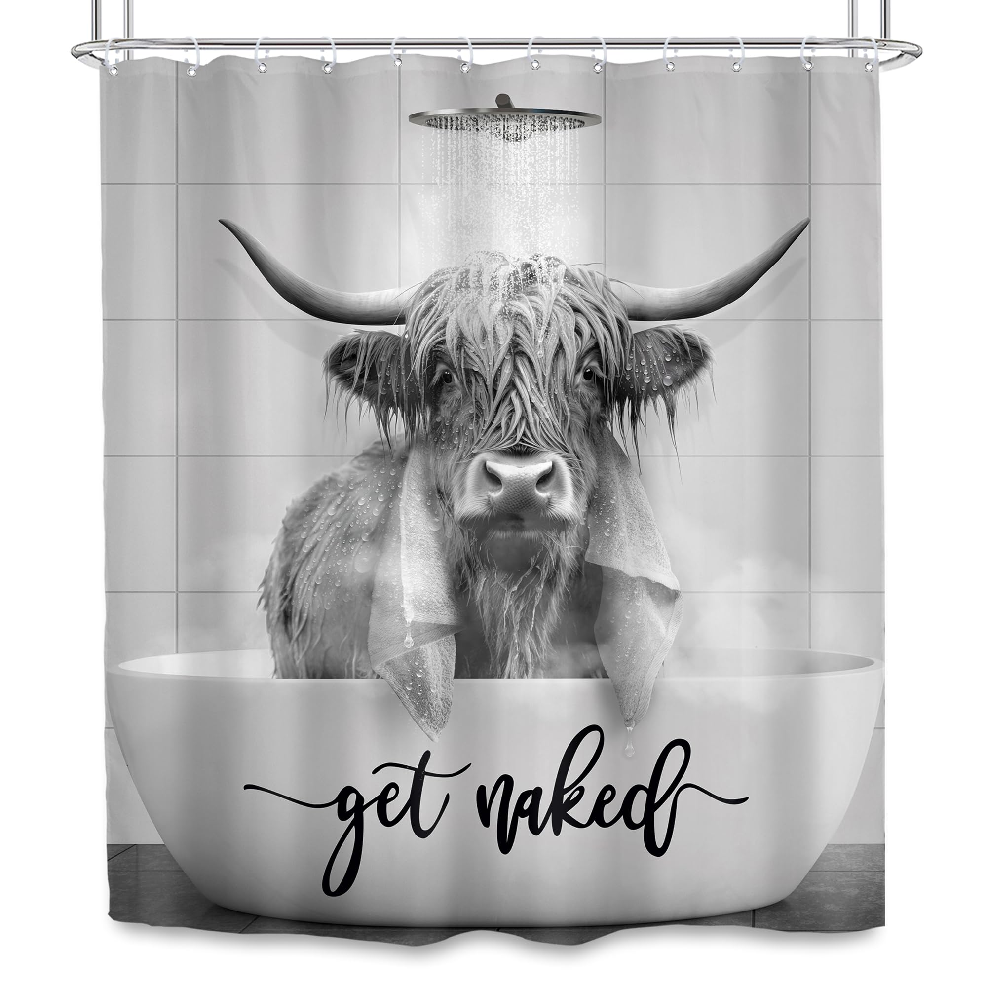 Svbright Farmhouse Highland Cow Shower Curtain 60Wx72L Inch Rustic Western Bull Gray Cattle Vintage Rustic Animal Wildlife For M