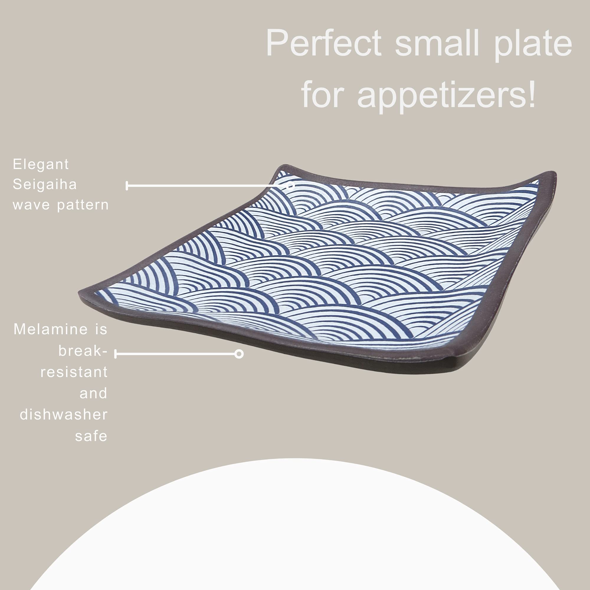 Needzo Melamine Square Japanese Dinner Plate Blue Seigaiha Wave Pattern, Sushi Or Hors Doeuvres Serving Tray For Parties, 5.75 I