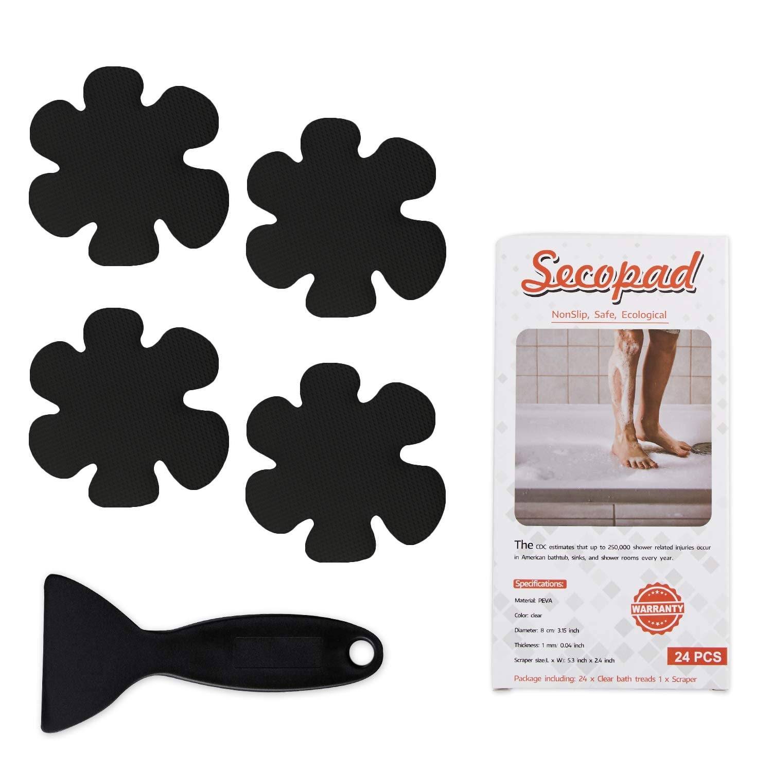 Secopad Bathtub Stickers Non-Slip, Safety Shower Treads Adhesive Appliques With Premium Scrape (Black)