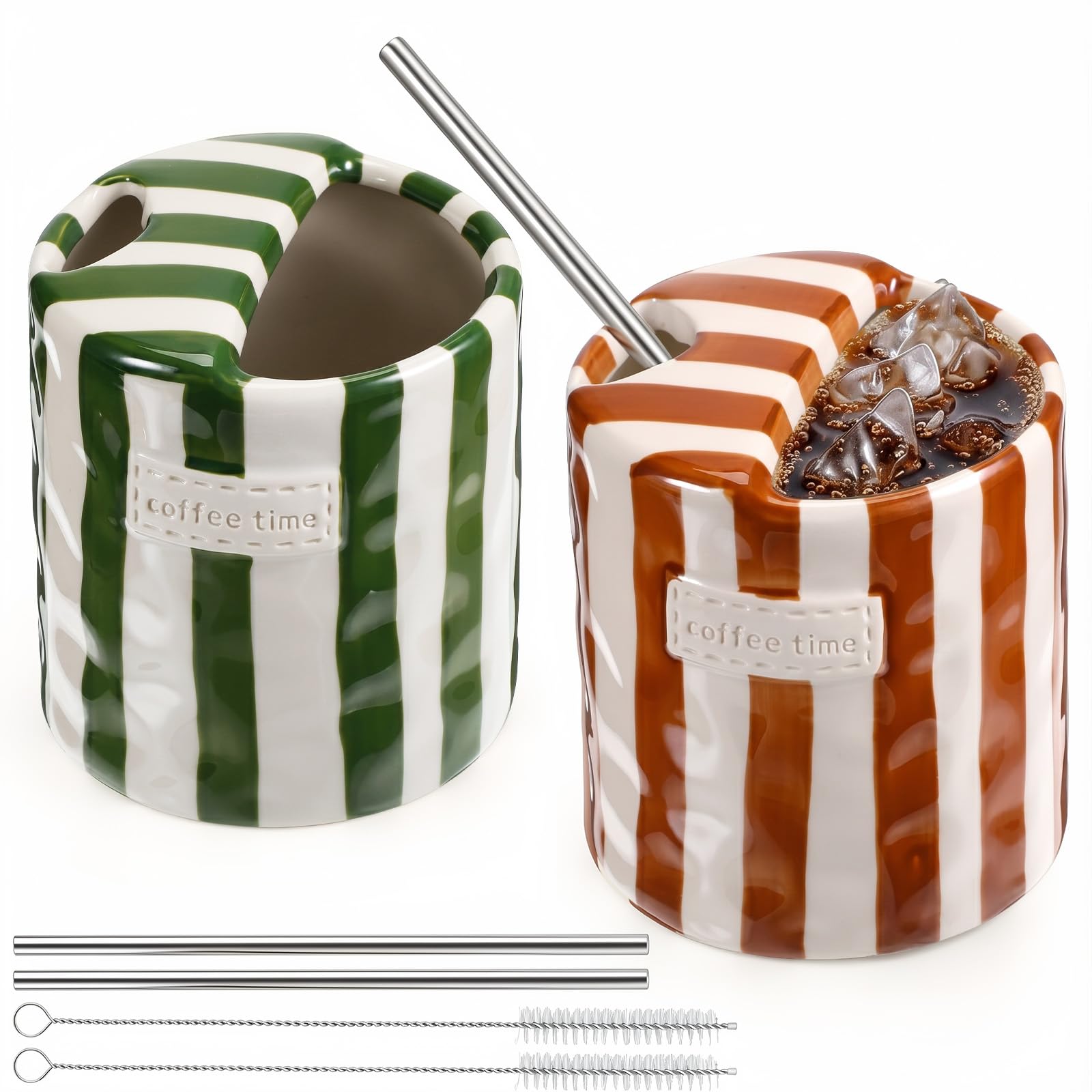 KongTiva 2 Pack Ceramic Coffee Mug with Sip Hole, 10oz Espresso Cup with Straws & Brushes Retro Hand Painted Striped Coffee Cups