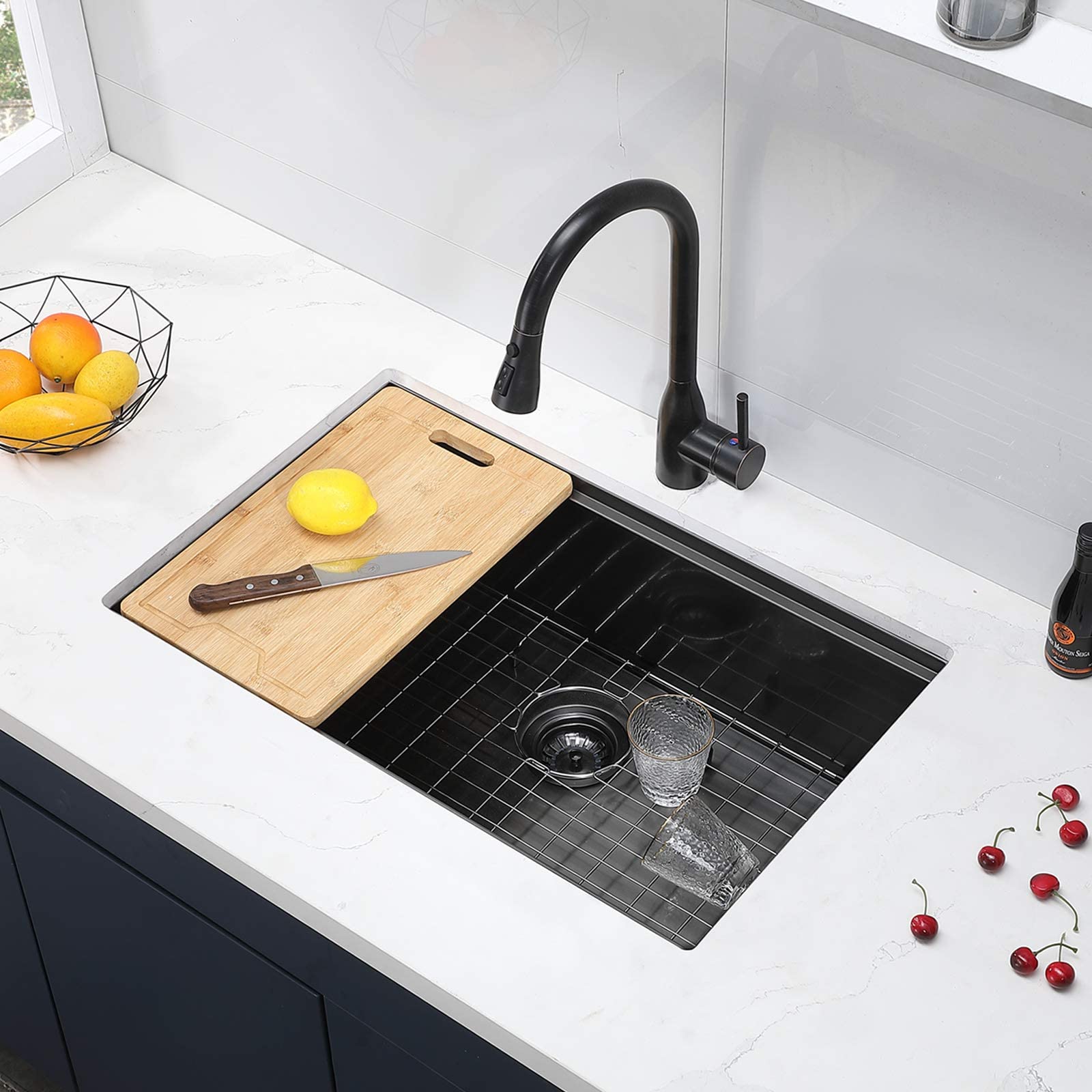 Shaco 33 Inch Black Undermount Kitchen Sink, 33X19 Gunmetal Black Stainless Steel Workstation Sink, Single Bowl Basin Wet Prep U